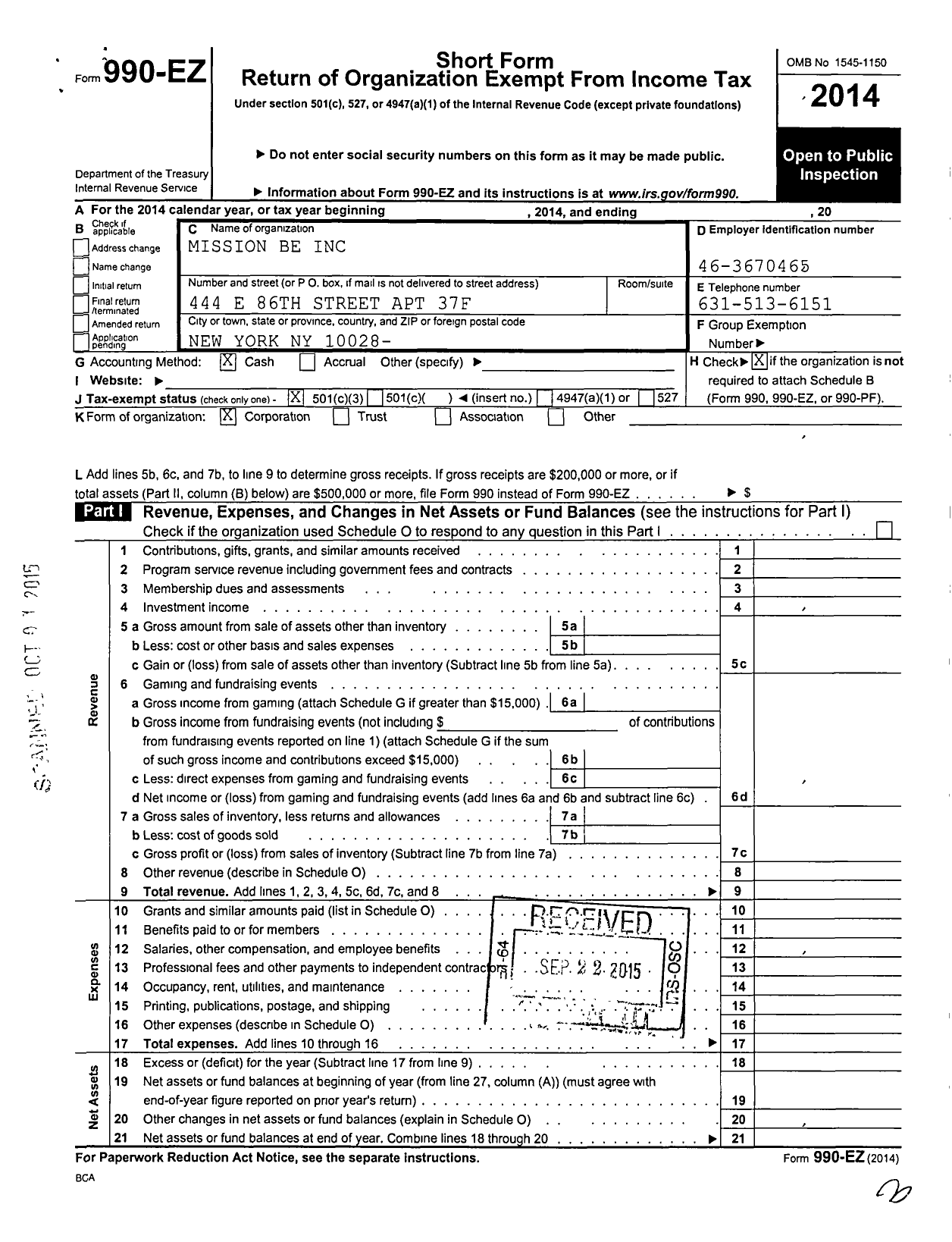 Image of first page of 2014 Form 990EZ for Mission Be