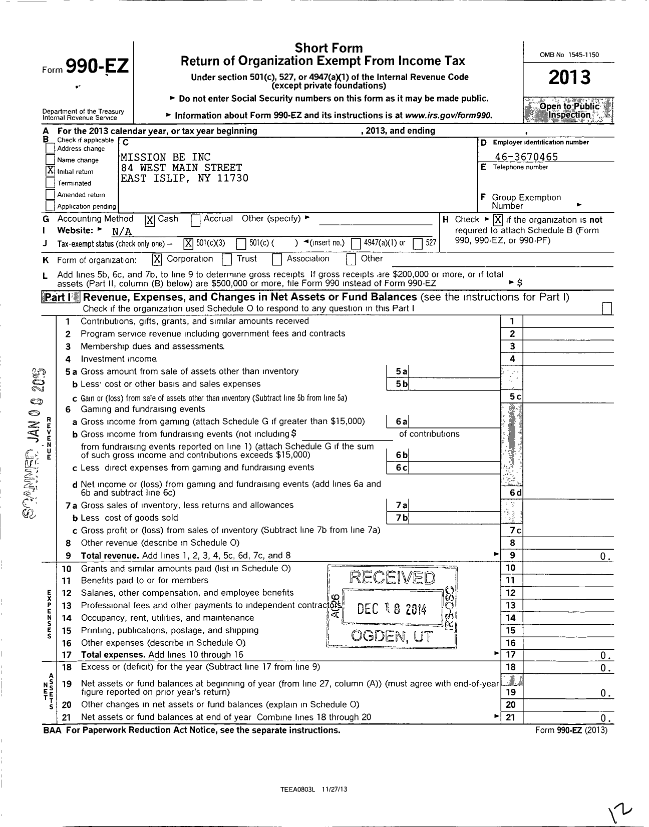 Image of first page of 2013 Form 990EZ for Mission Be