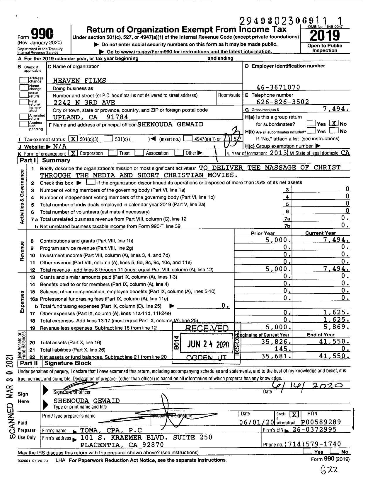 Image of first page of 2019 Form 990 for Heaven Films