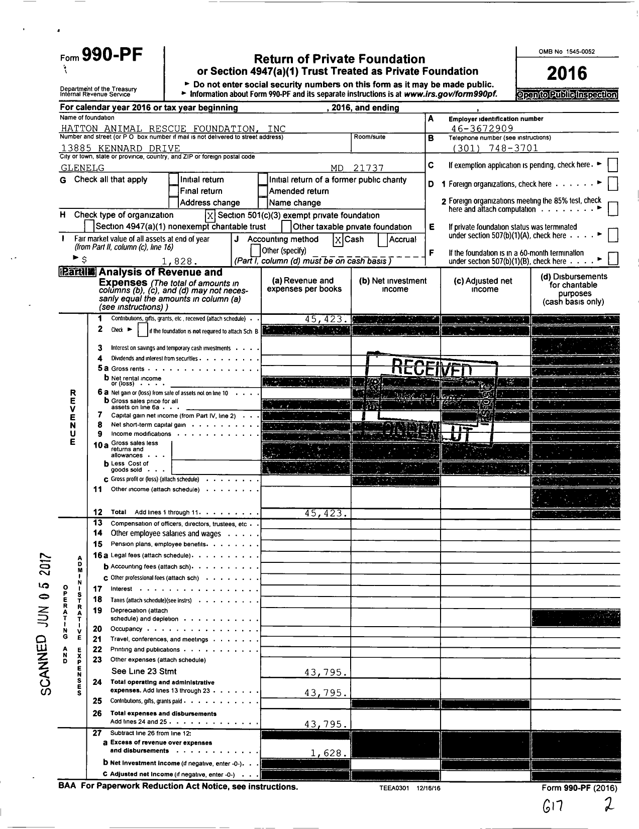 Image of first page of 2016 Form 990PF for Hatton Animal Rescue Foundation