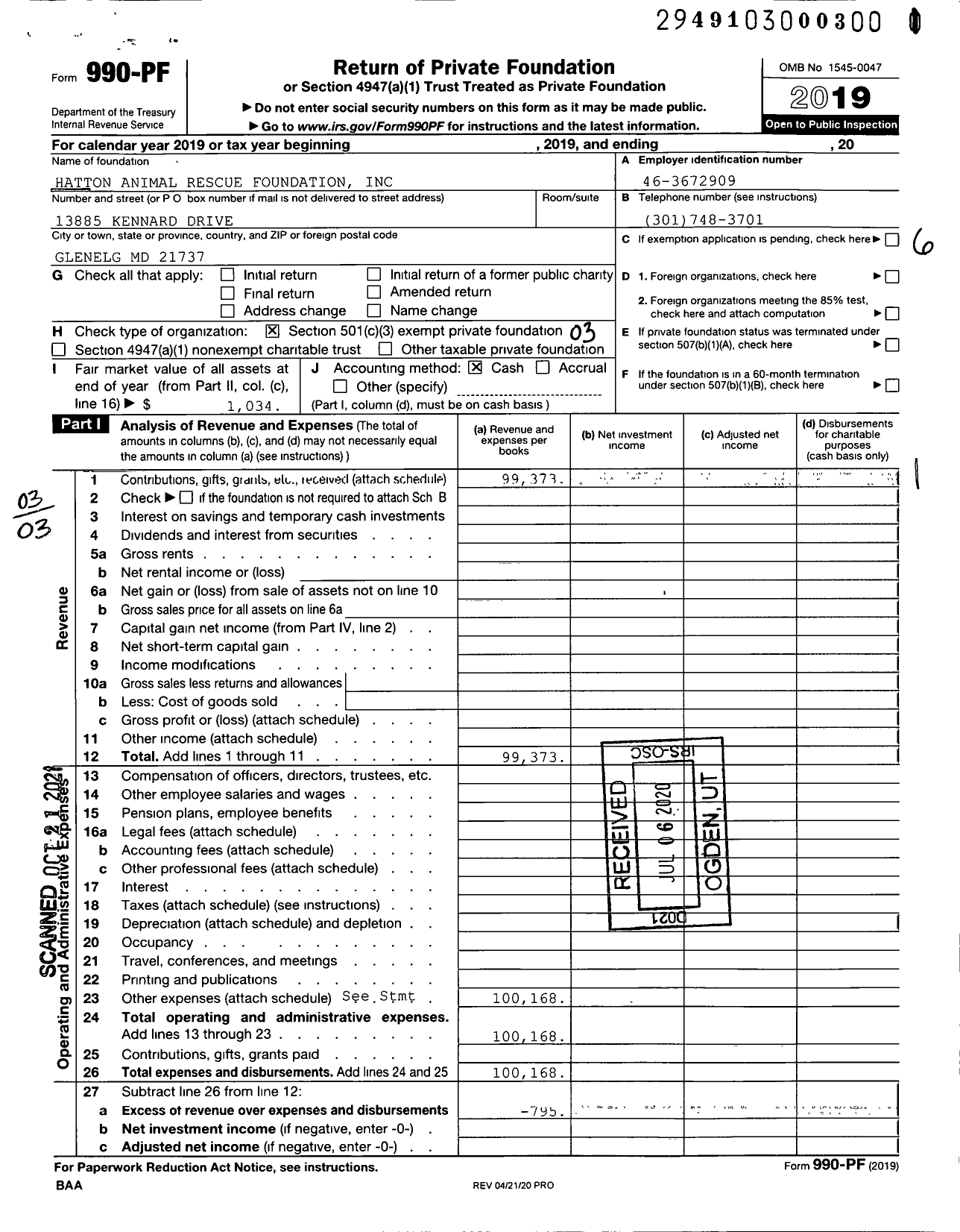 Image of first page of 2019 Form 990PF for Hatton Animal Rescue Foundation