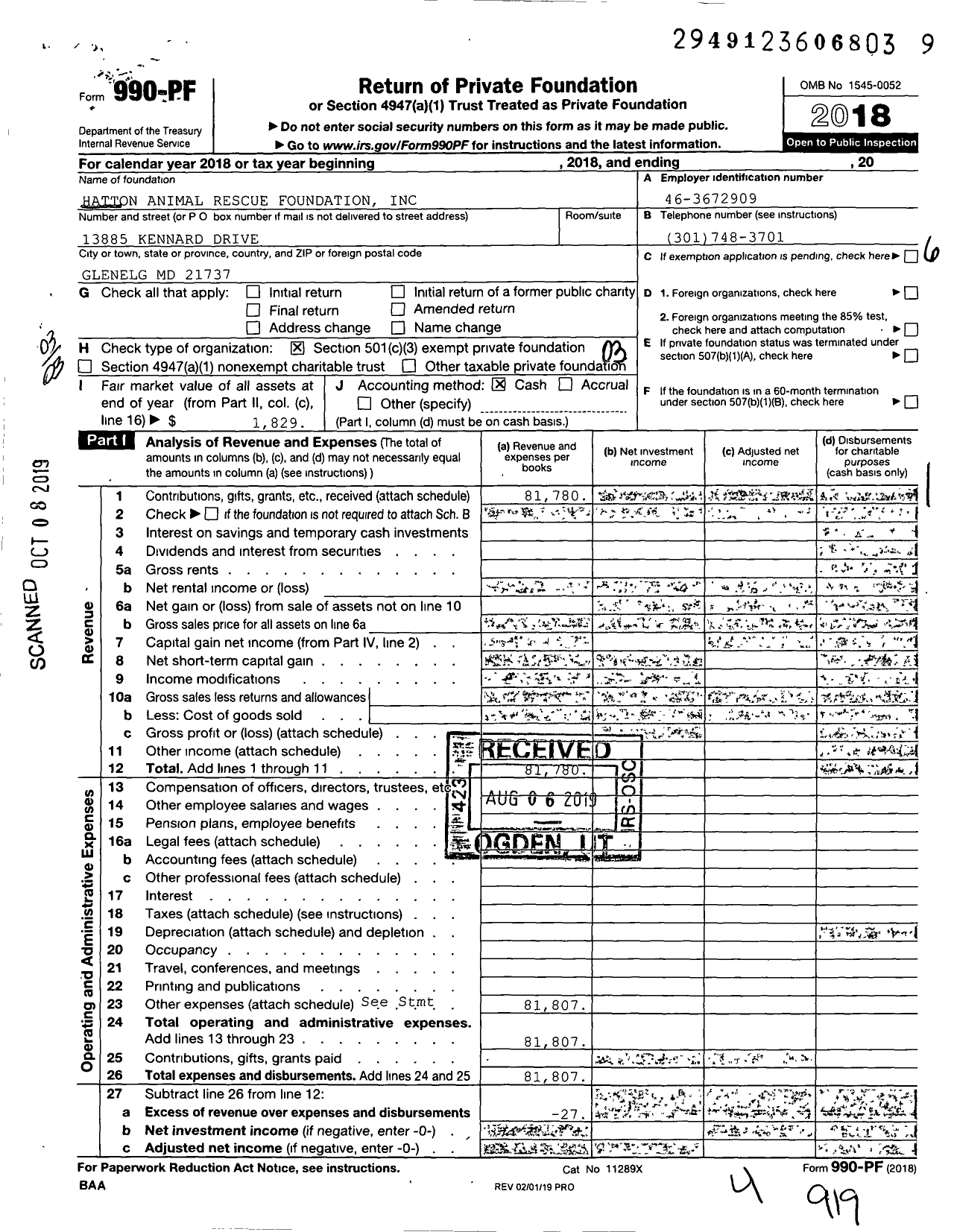 Image of first page of 2018 Form 990PF for Hatton Animal Rescue Foundation