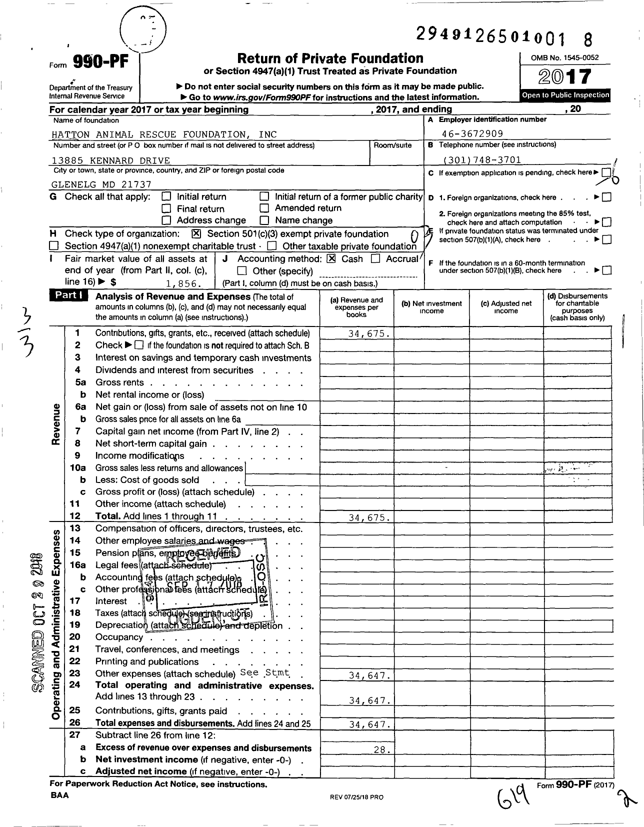 Image of first page of 2017 Form 990PF for Hatton Animal Rescue Foundation