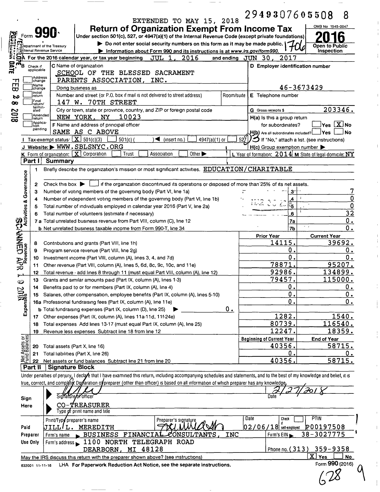 Image of first page of 2016 Form 990 for School of the Blessed Sacrament Parents Association