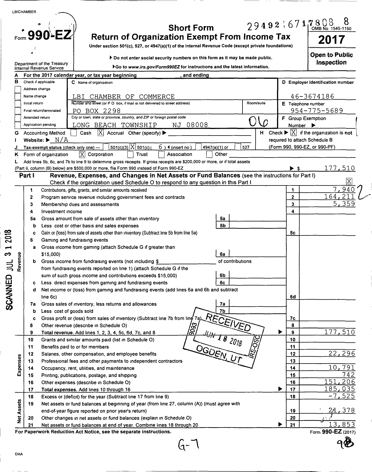 Image of first page of 2017 Form 990EO for Lbi Chamber of Commerce