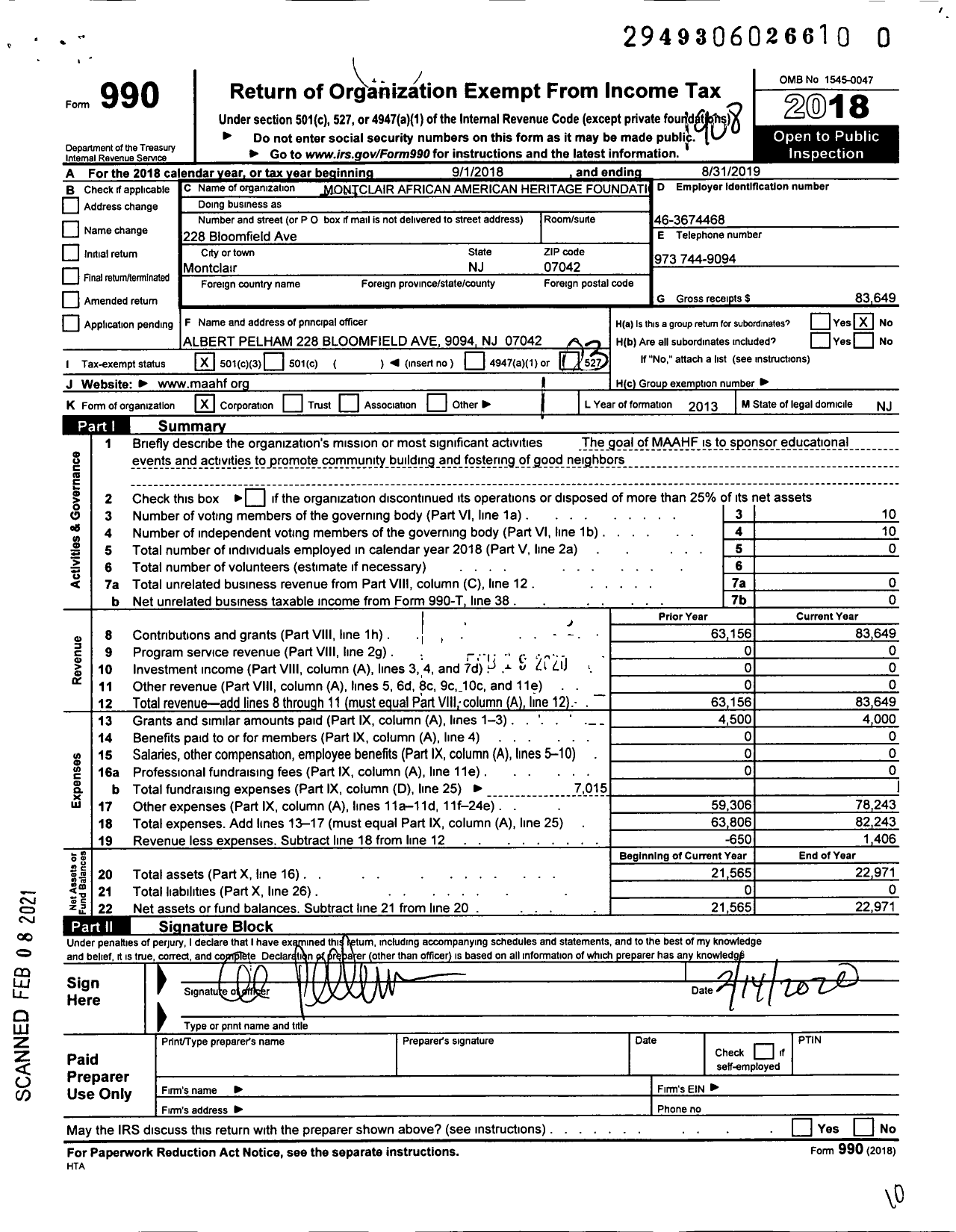 Image of first page of 2018 Form 990 for Montclair African American Heritage Foundation