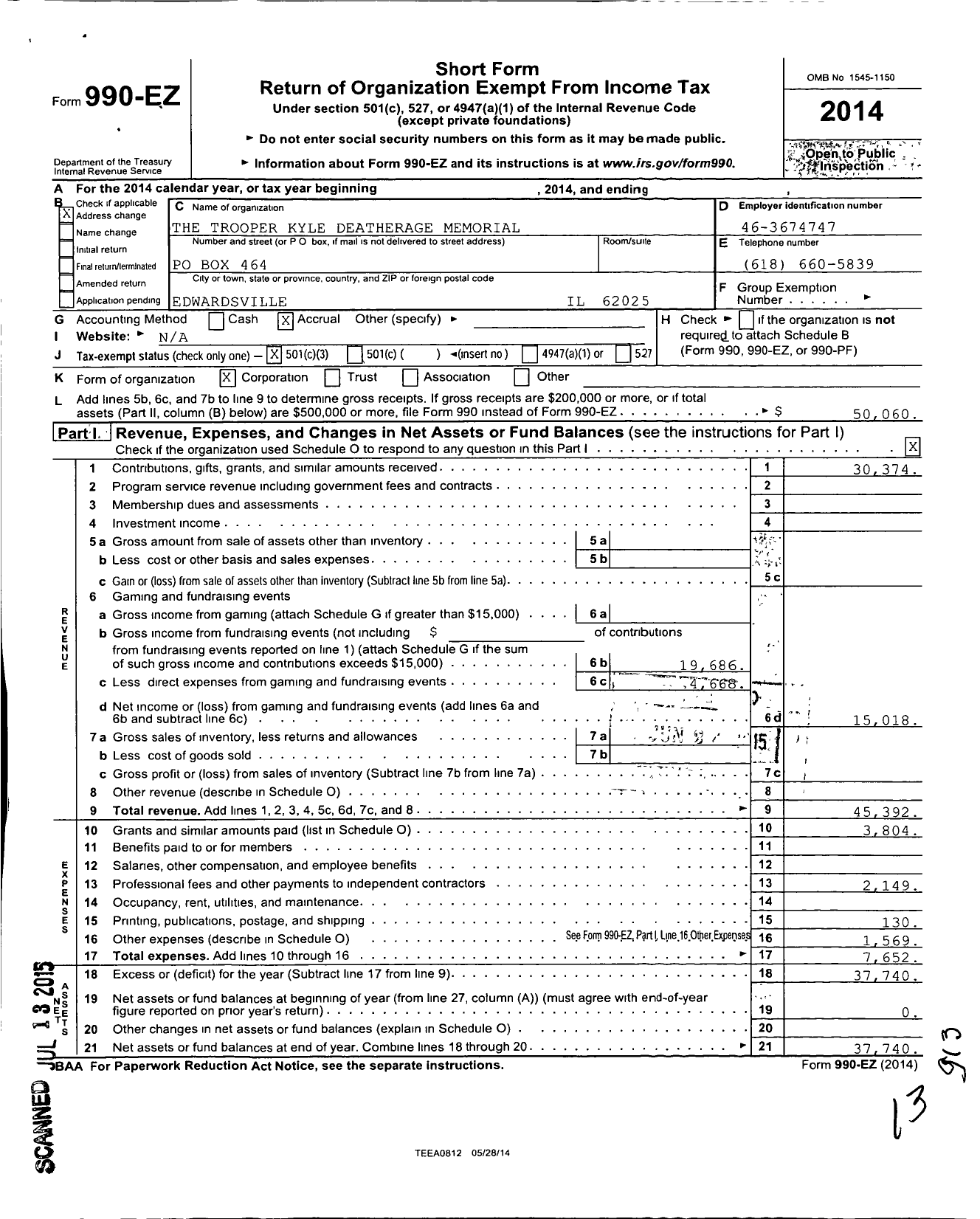 Image of first page of 2014 Form 990EZ for Trooper Kyle Deatherage Memorial NFP