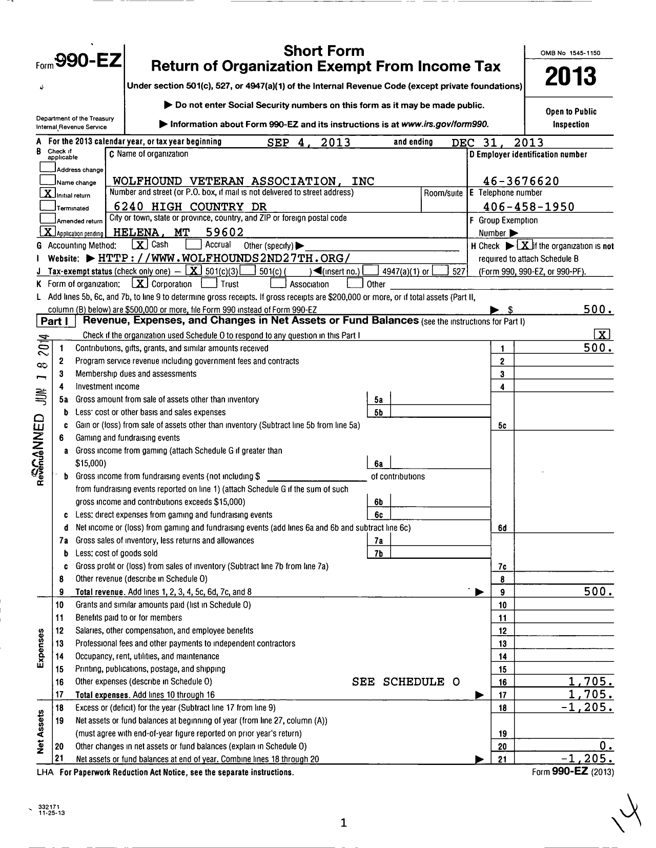 Image of first page of 2013 Form 990EZ for Wolfhound Veteran Association