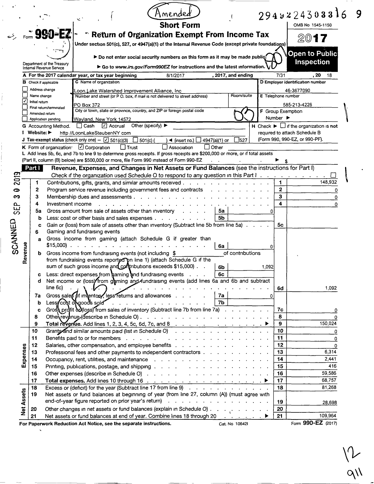 Image of first page of 2017 Form 990EZ for Loon Lake Watershed Improvement Alliance