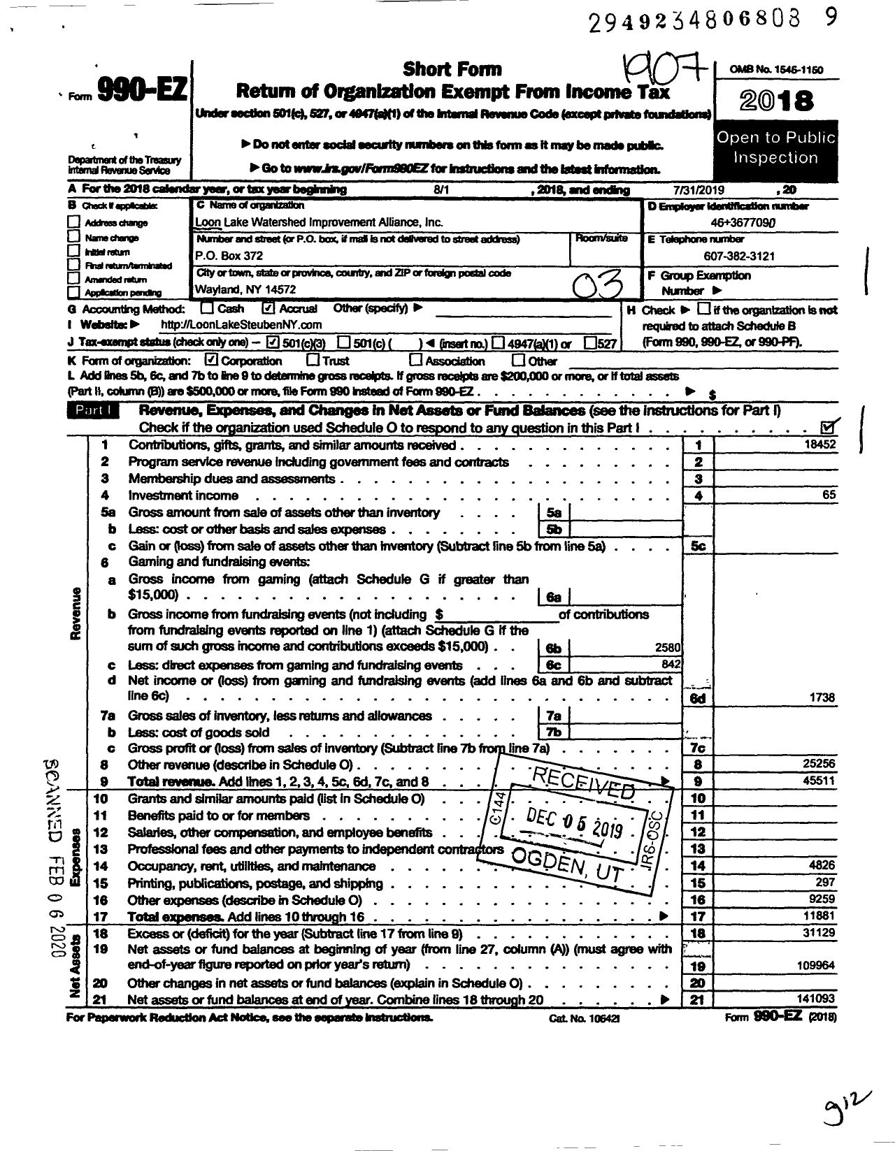 Image of first page of 2018 Form 990EZ for Loon Lake Watershed Improvement Alliance