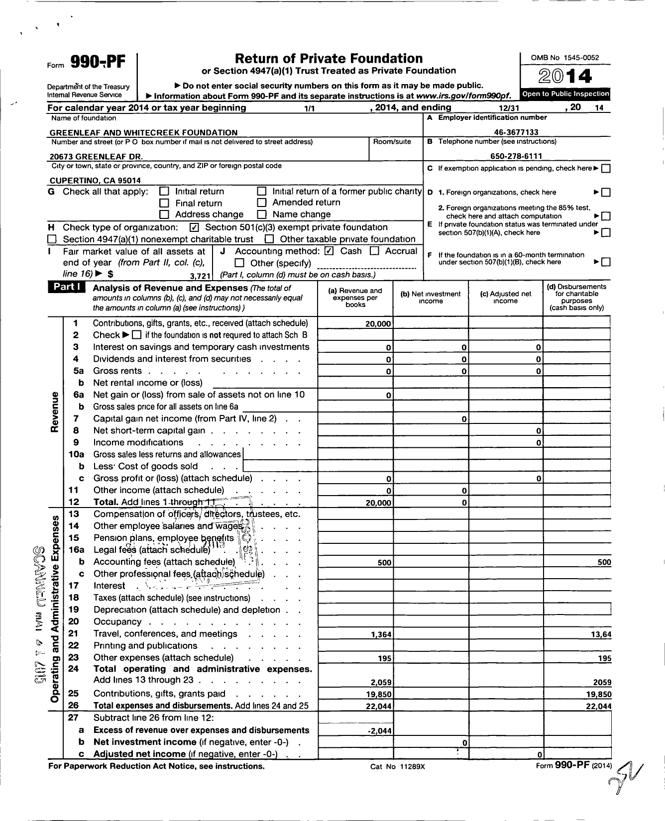 Image of first page of 2014 Form 990PF for Greenleaf and Whitecreek Foundation