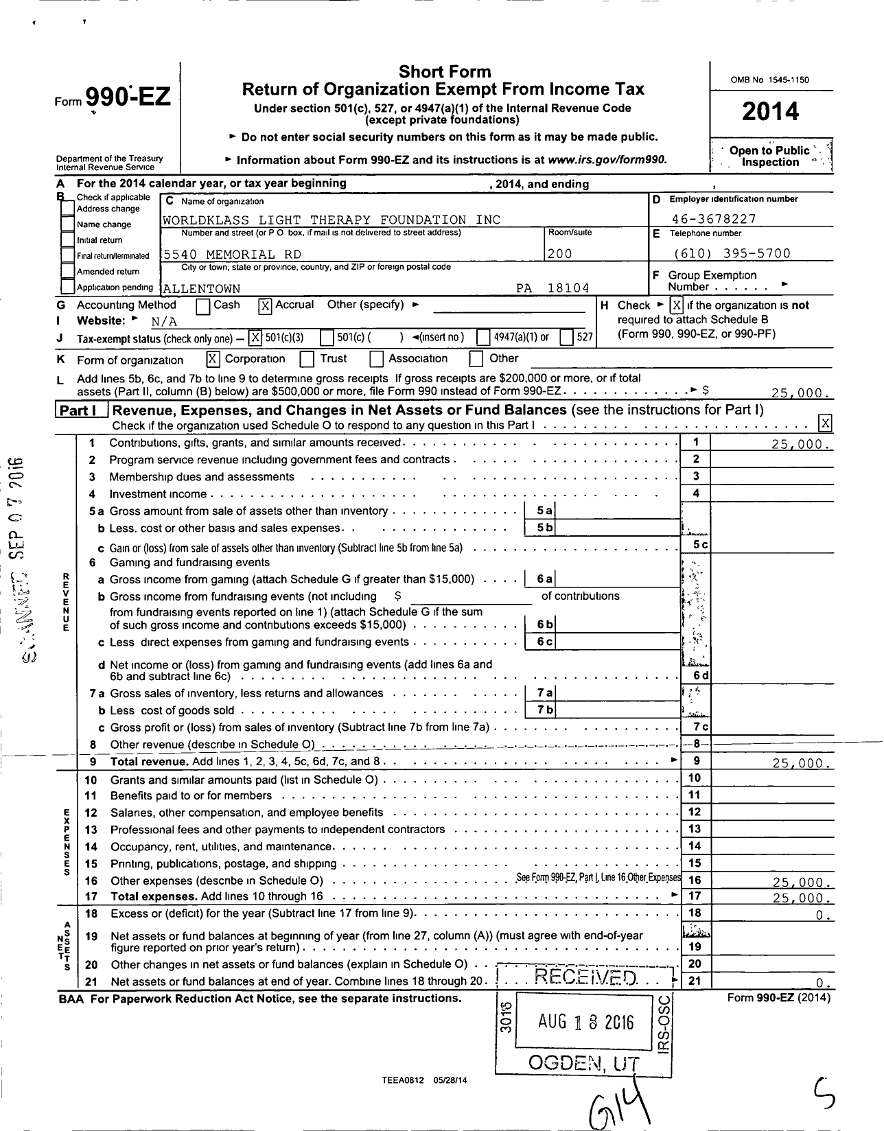 Image of first page of 2014 Form 990EZ for Worldklass Light Therapy Foundation