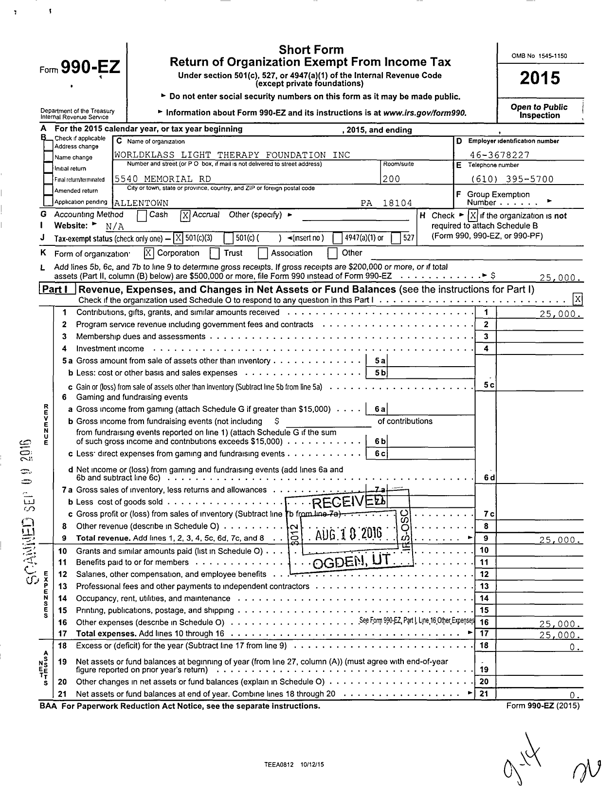 Image of first page of 2015 Form 990EZ for Worldklass Light Therapy Foundation