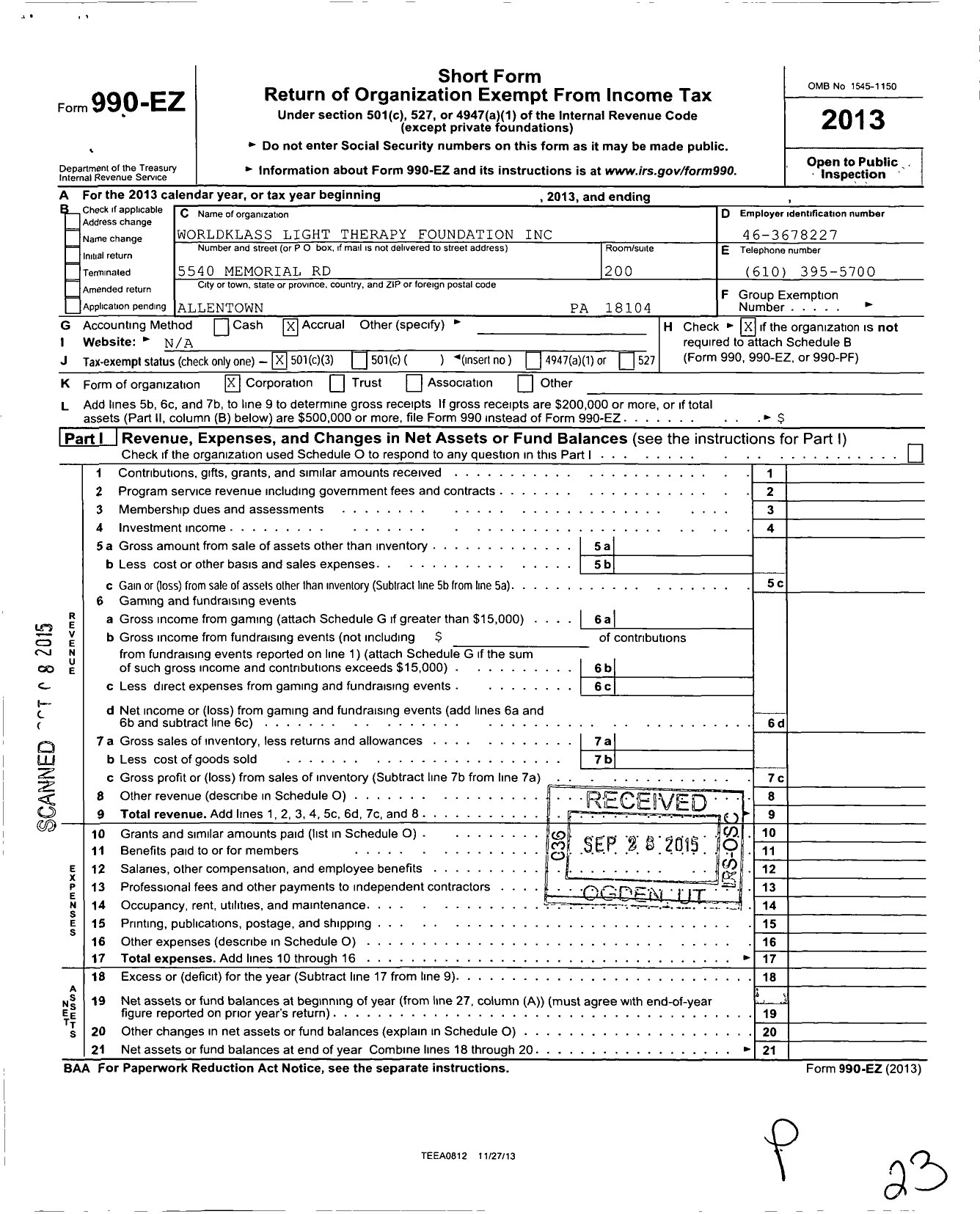 Image of first page of 2013 Form 990EZ for Worldklass Light Therapy Foundation