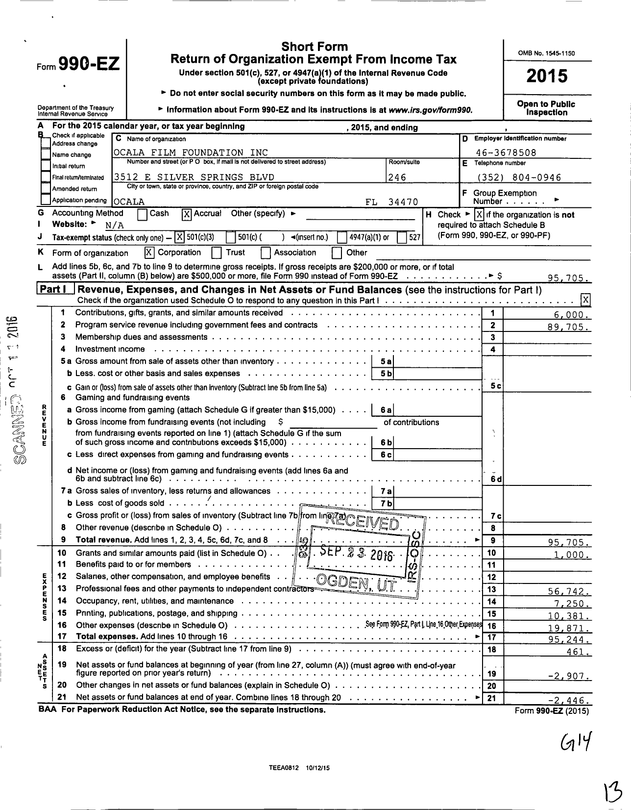 Image of first page of 2015 Form 990EZ for Ocala Film Foundation