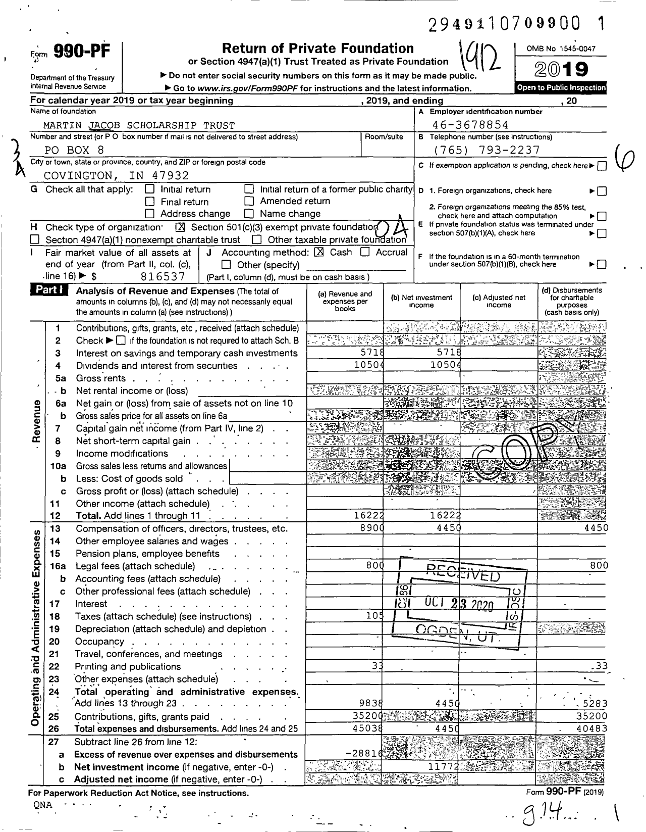 Image of first page of 2019 Form 990PF for Martin Jacob Scholarship Trust