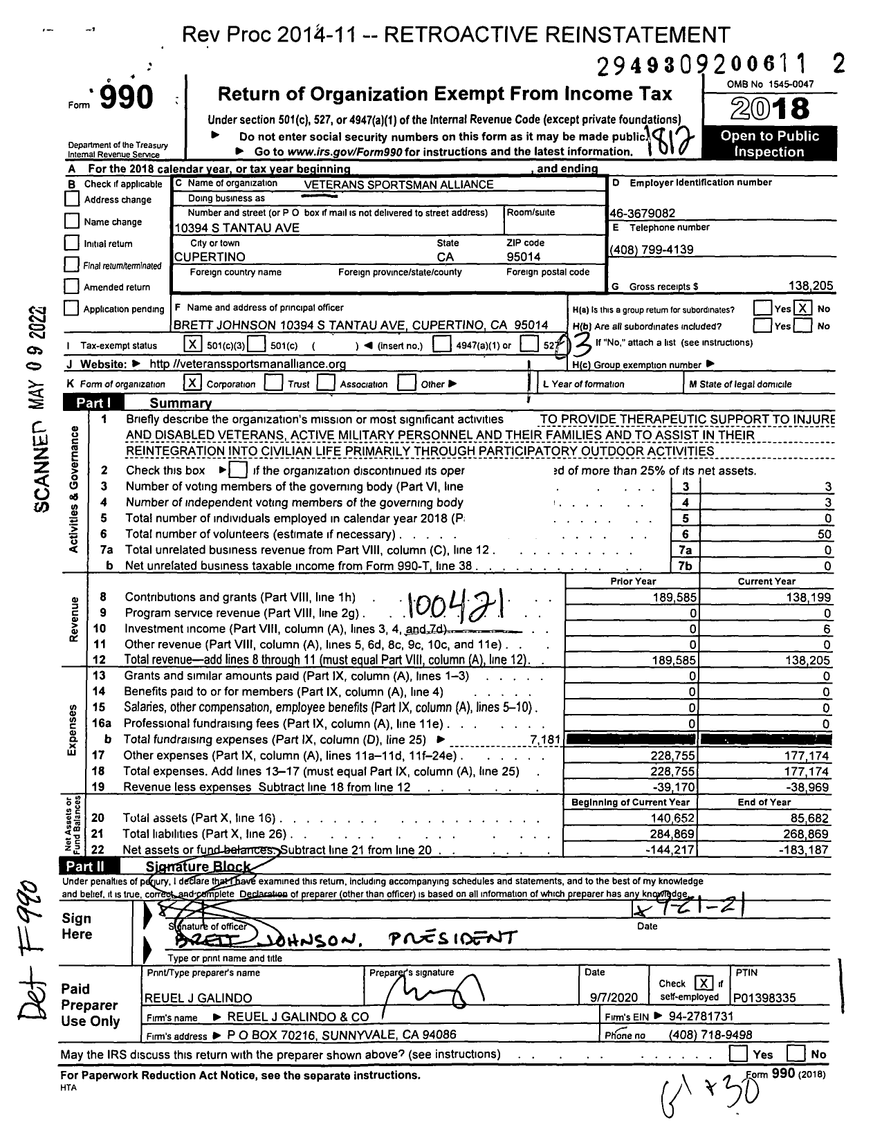 Image of first page of 2018 Form 990 for Veterans Sportsman Alliance