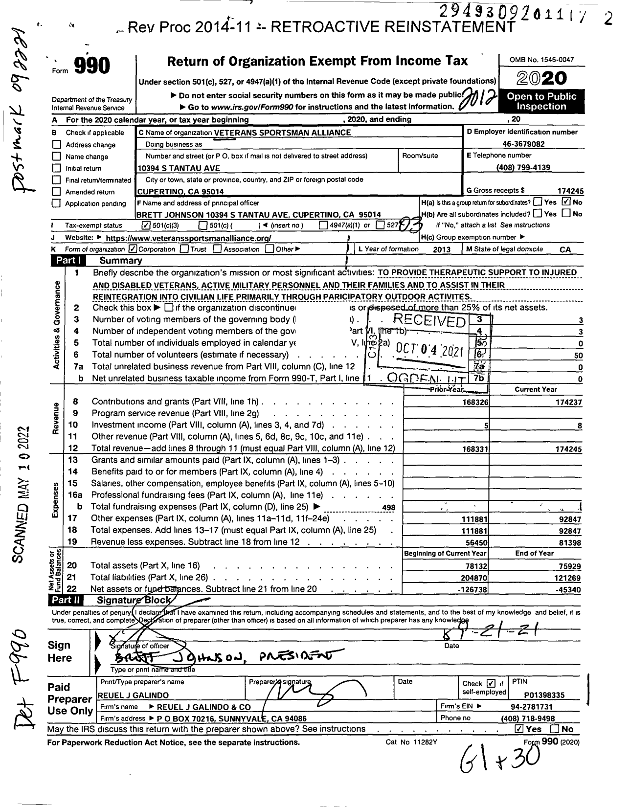 Image of first page of 2020 Form 990 for Veterans Sportsman Alliance