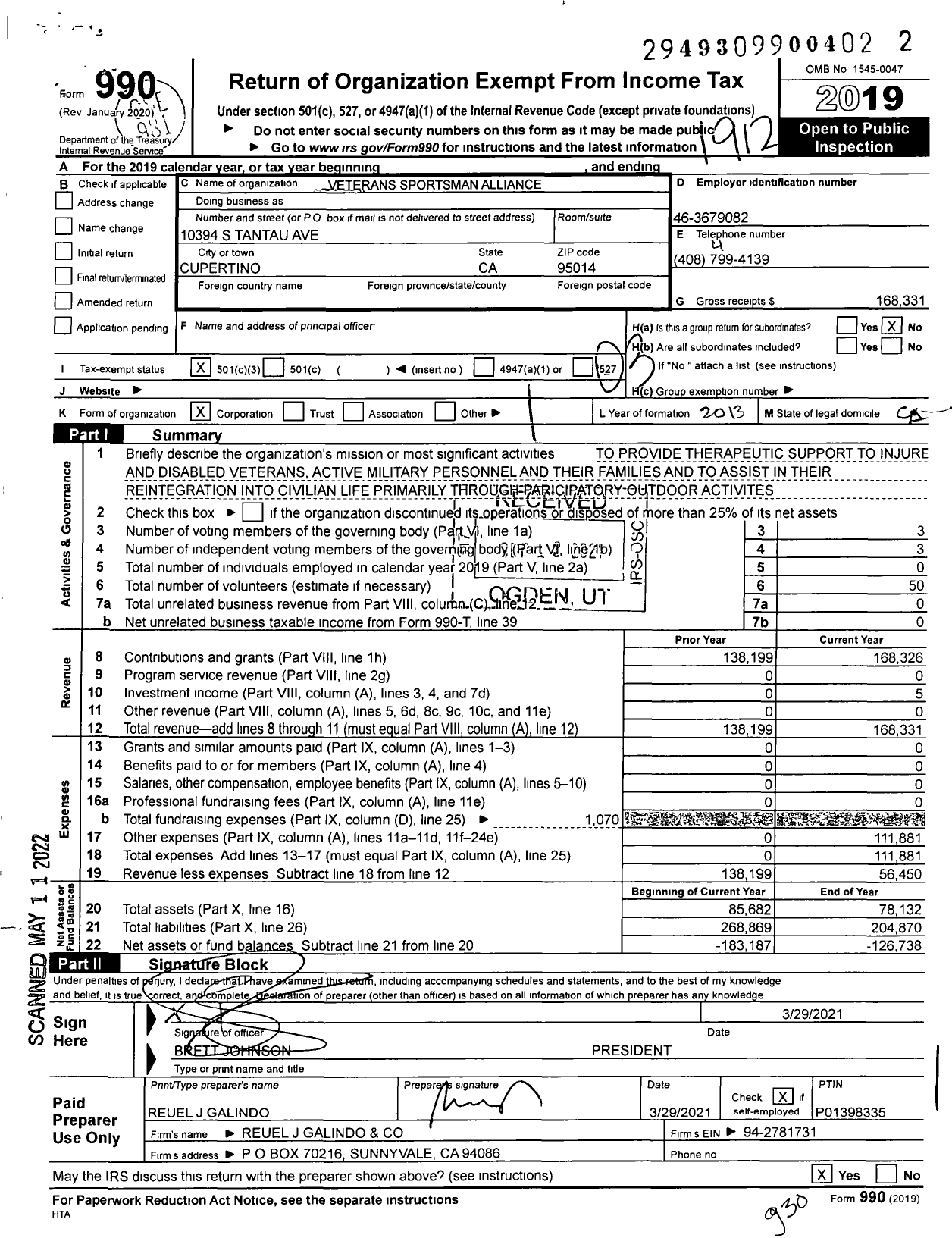 Image of first page of 2019 Form 990 for Veterans Sportsman Alliance