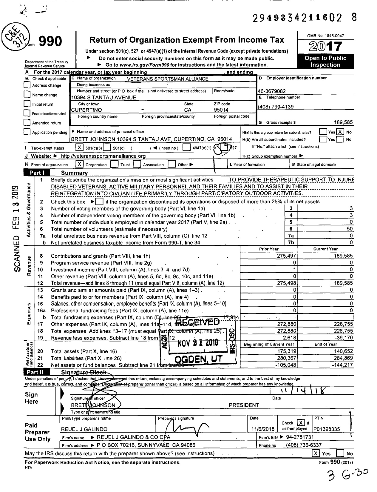 Image of first page of 2017 Form 990 for Veterans Sportsman Alliance