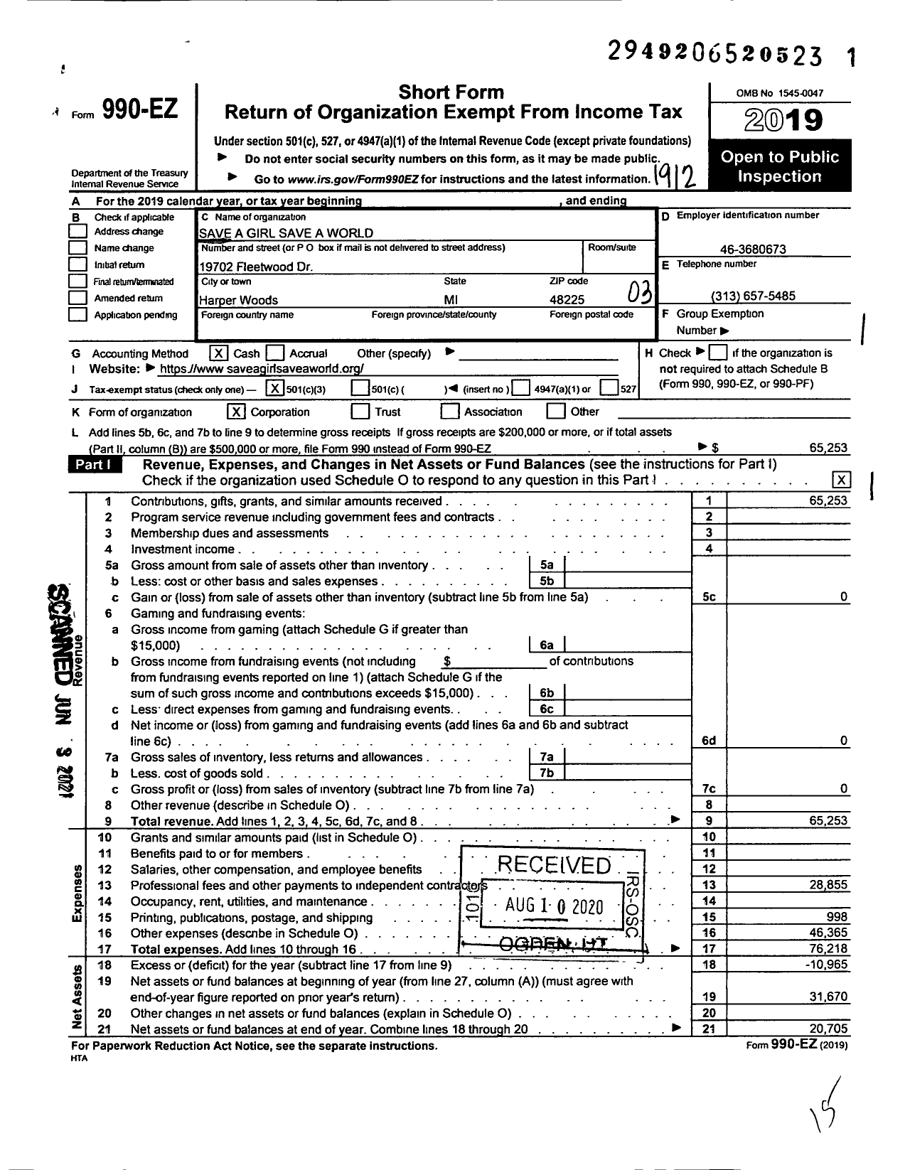 Image of first page of 2019 Form 990EZ for Save A Girl Save A World