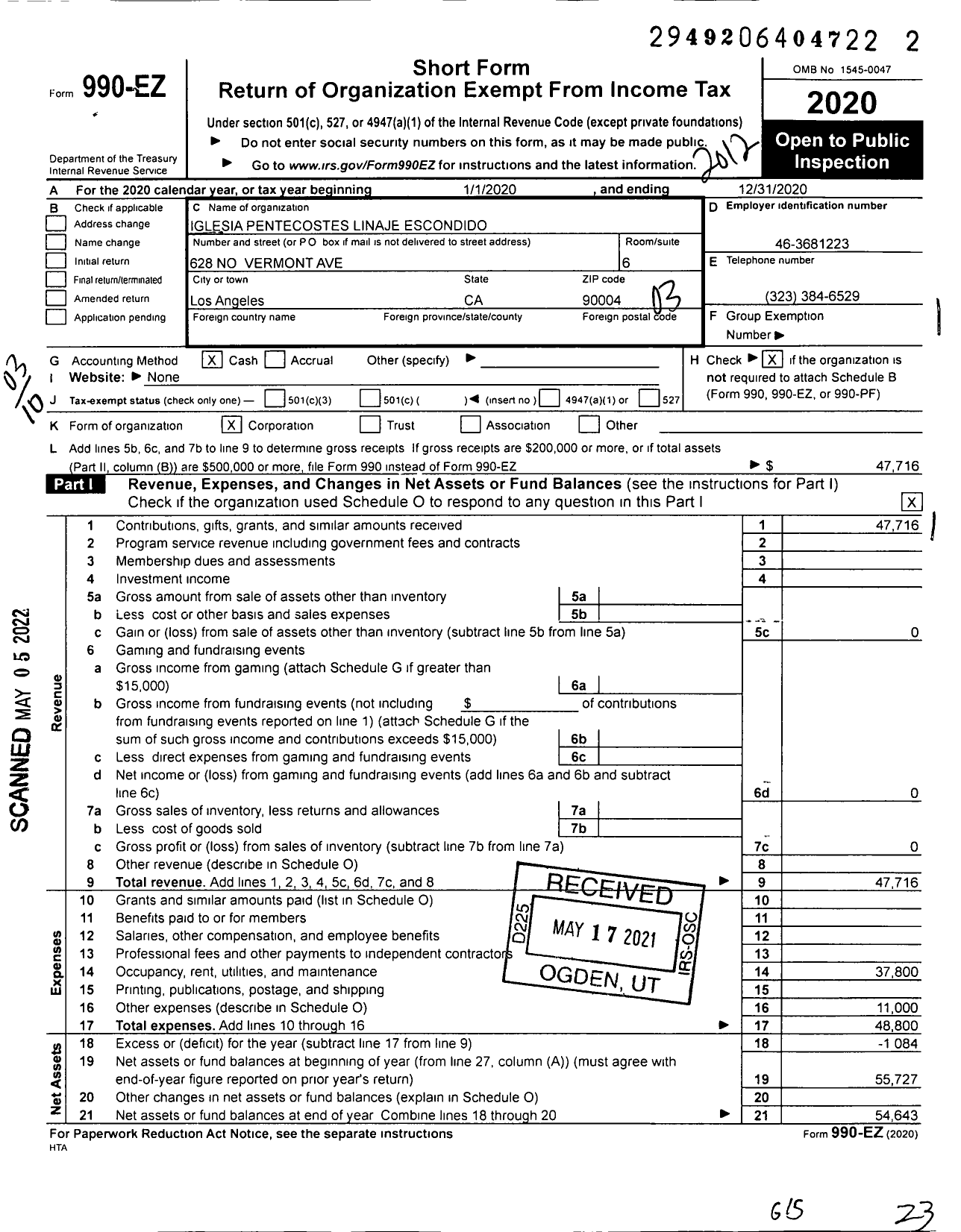 Image of first page of 2020 Form 990EZ for Iglesia Pentecostes Linaje Escondido