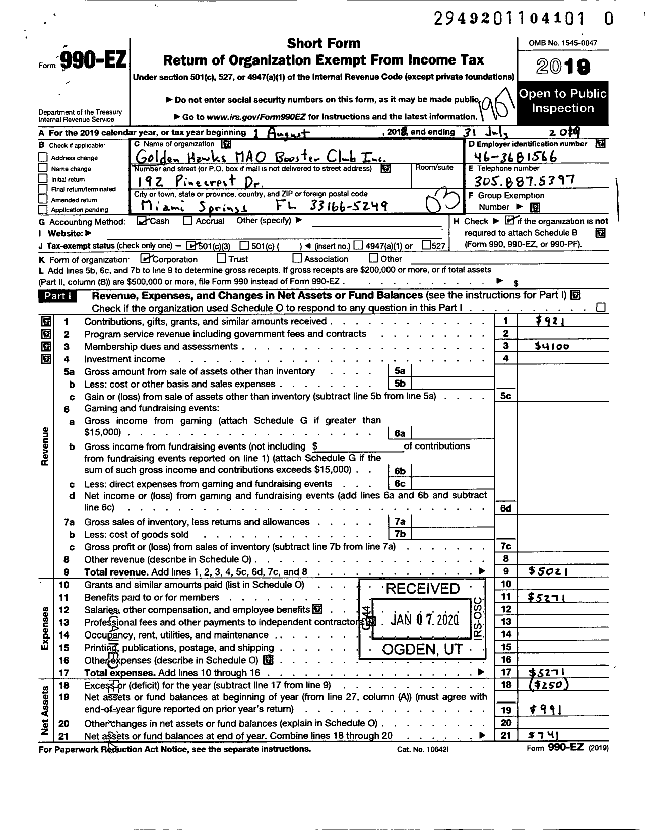 Image of first page of 2018 Form 990EZ for Golden Hawks Mao Booster Club