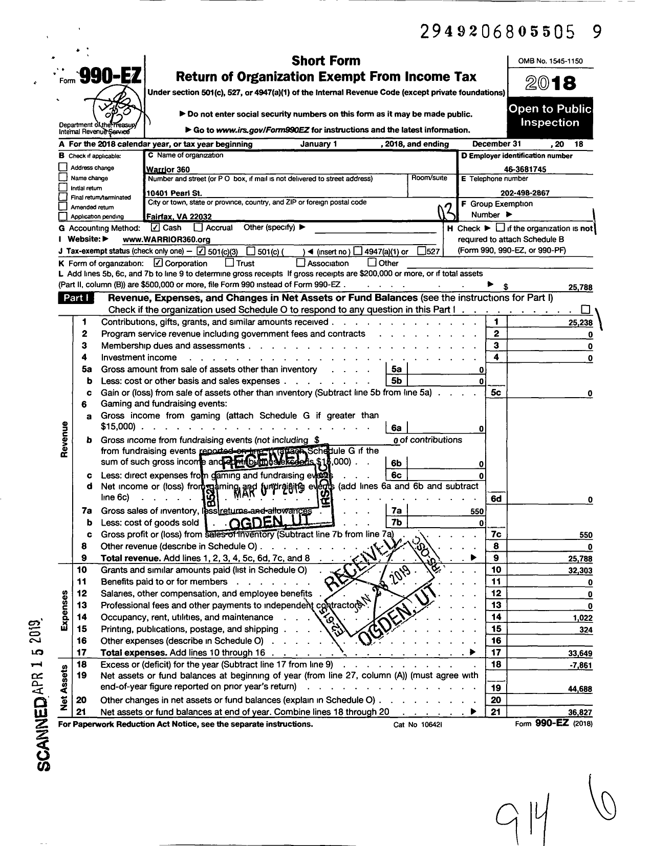 Image of first page of 2018 Form 990EZ for Warrior 360