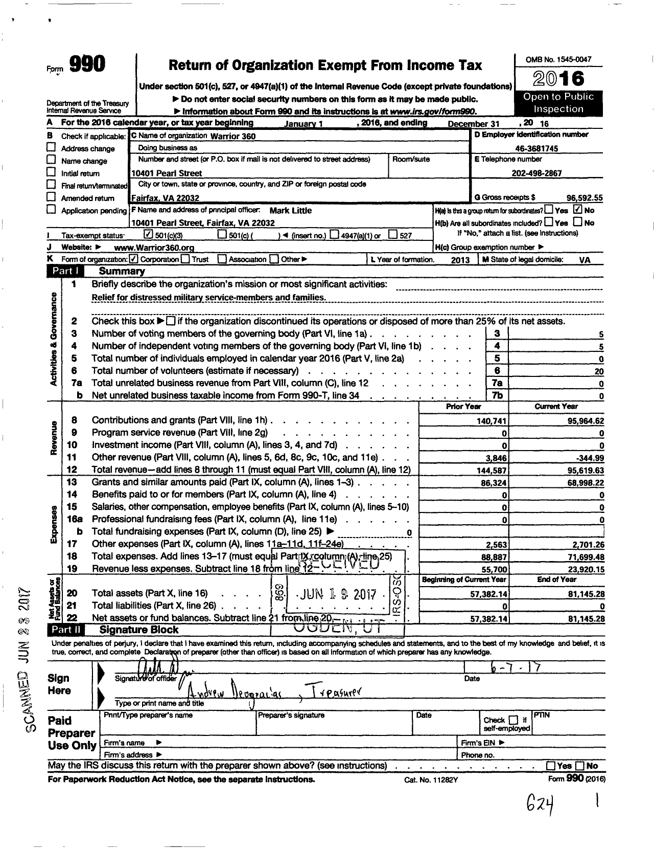 Image of first page of 2016 Form 990 for Warrior 360