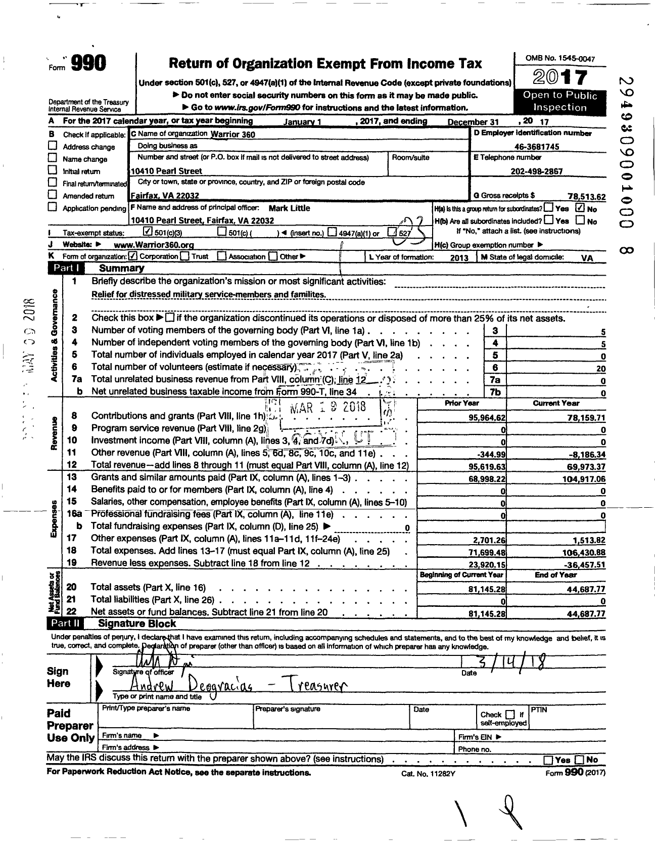 Image of first page of 2017 Form 990 for Warrior 360