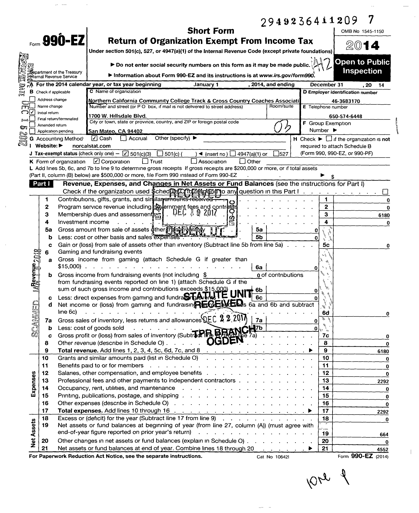 Image of first page of 2014 Form 990EZ for Northern California Community College Track and Cross Country Association