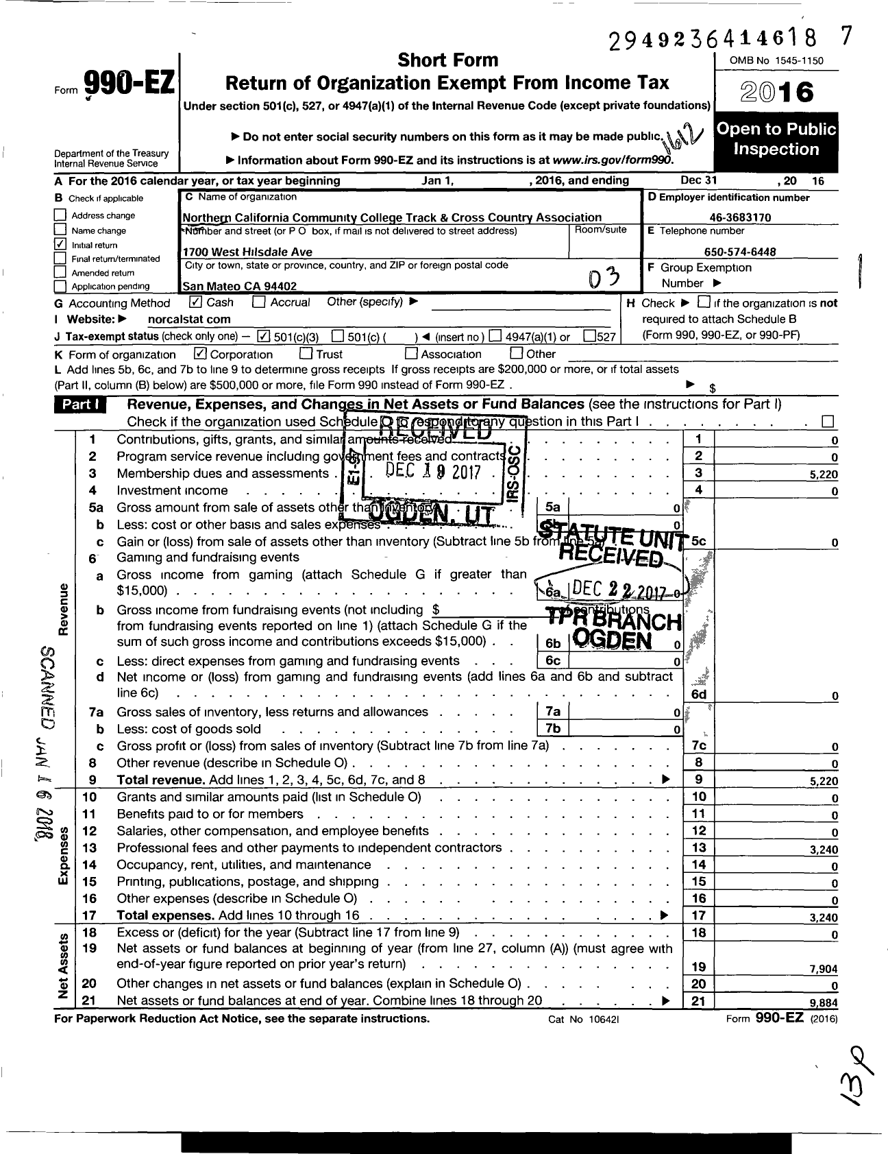 Image of first page of 2016 Form 990EZ for Northern California Community College Track and Cross Country Association