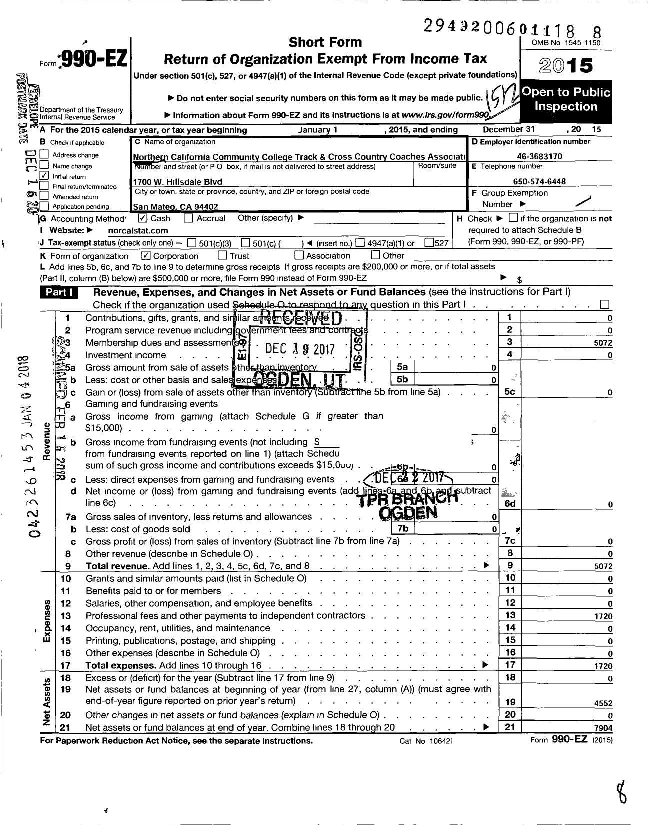 Image of first page of 2015 Form 990EZ for Northern California Community College Track and Cross Country Association