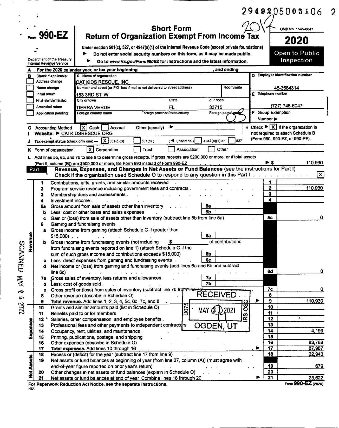 Image of first page of 2020 Form 990EZ for Cat Kids Rescue