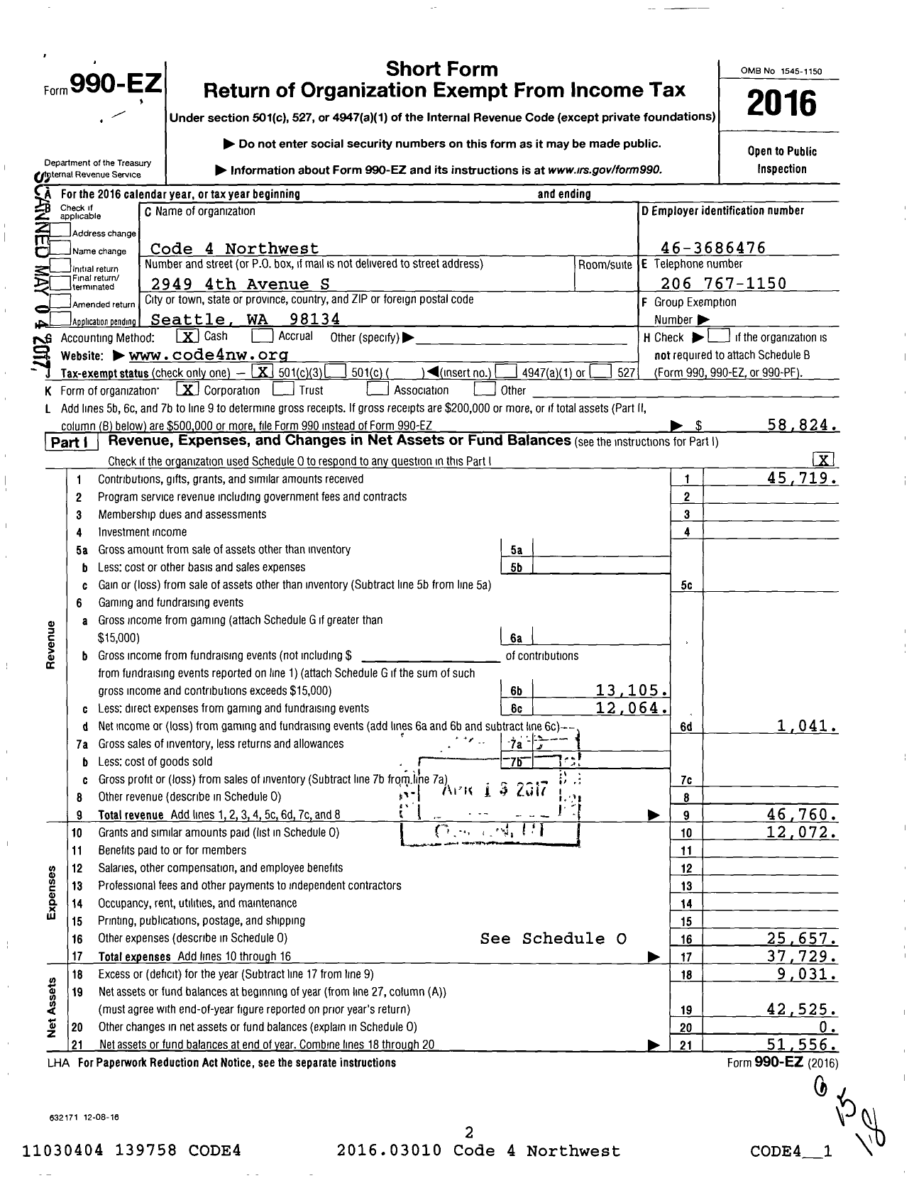 Image of first page of 2016 Form 990EZ for Code 4 Northwest