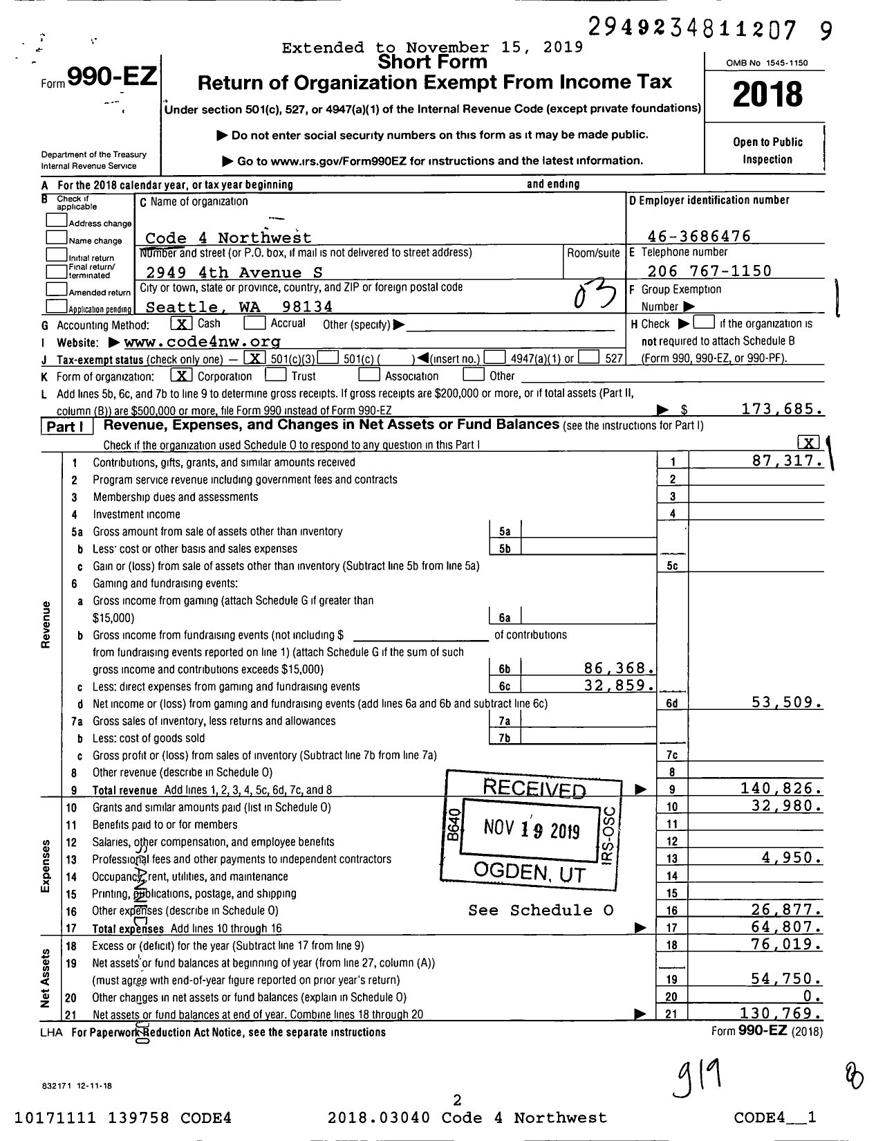 Image of first page of 2018 Form 990EZ for Code 4 Northwest