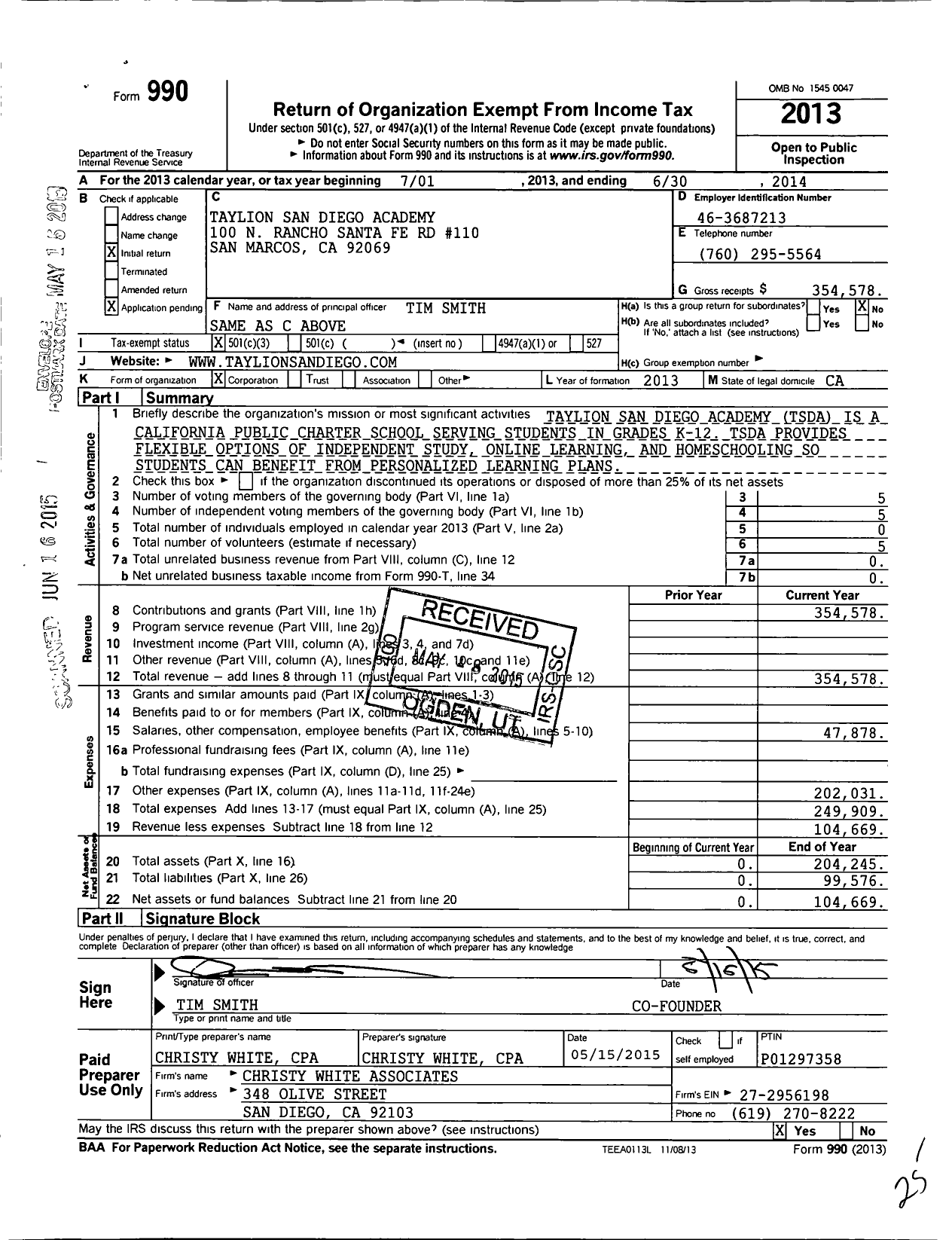 Image of first page of 2013 Form 990 for Taylion San Diego Academy
