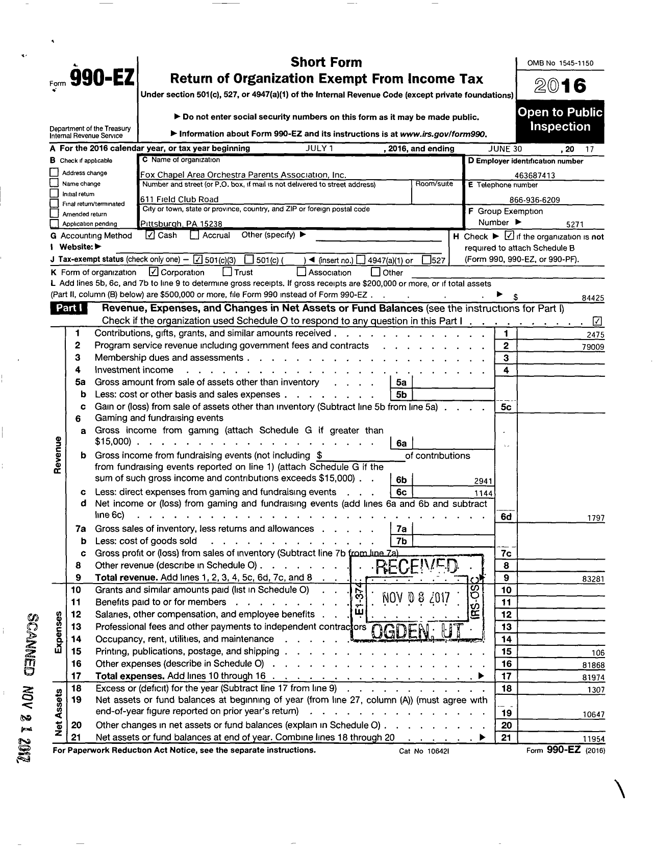 Image of first page of 2016 Form 990EZ for Parent Booster USA / Fox Chapel Area Orchestra Parents A