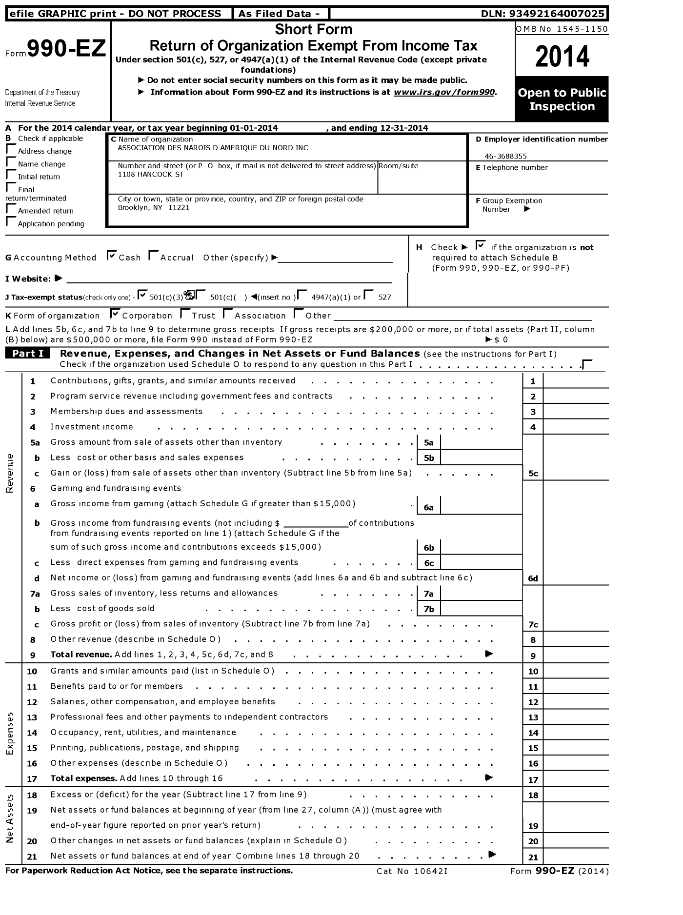 Image of first page of 2014 Form 990EZ for Association Des Narois D Amerique Du Nord