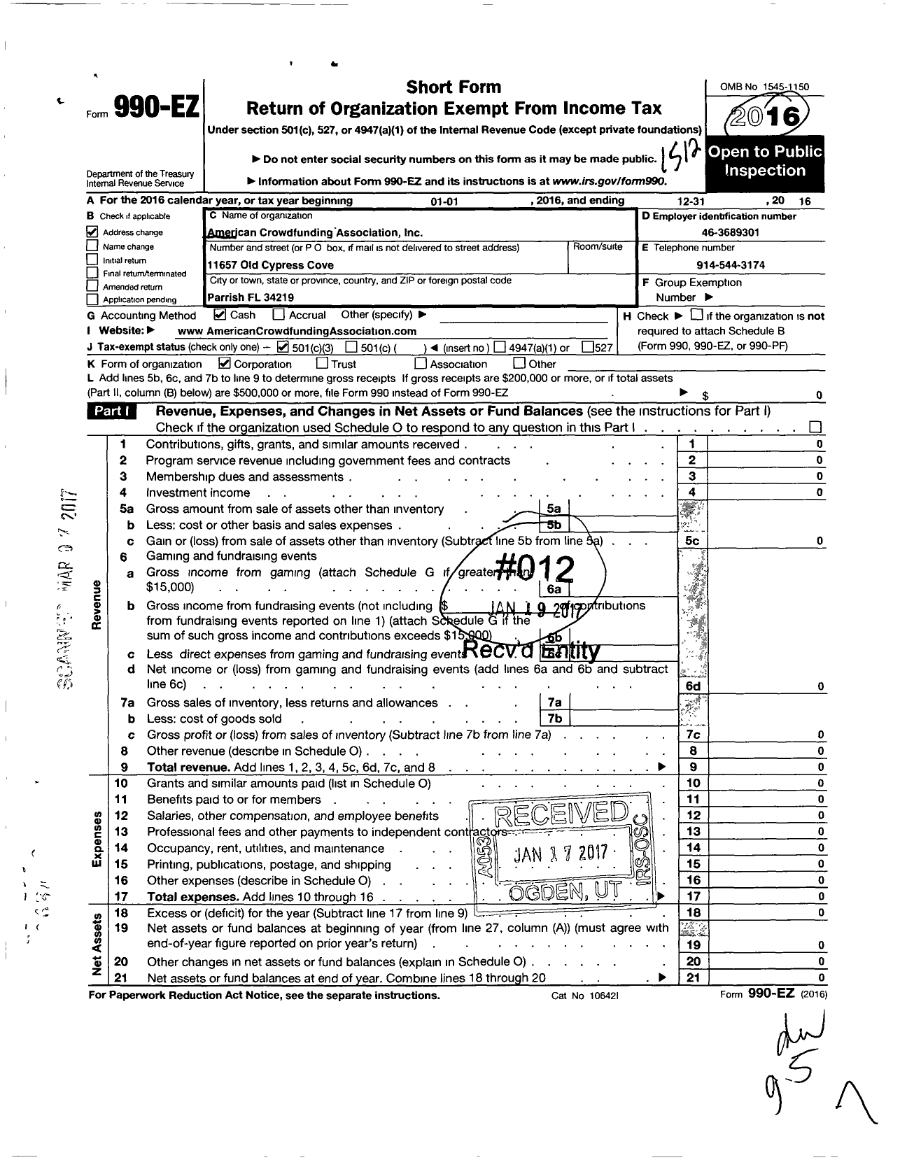 Image of first page of 2016 Form 990EZ for American Money Education