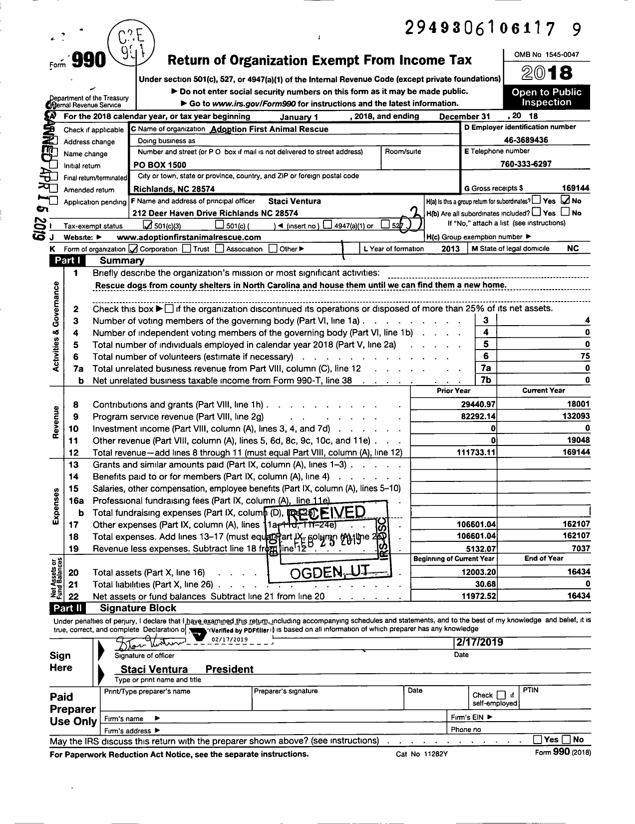 Image of first page of 2018 Form 990 for Adoption First Animal Rescue