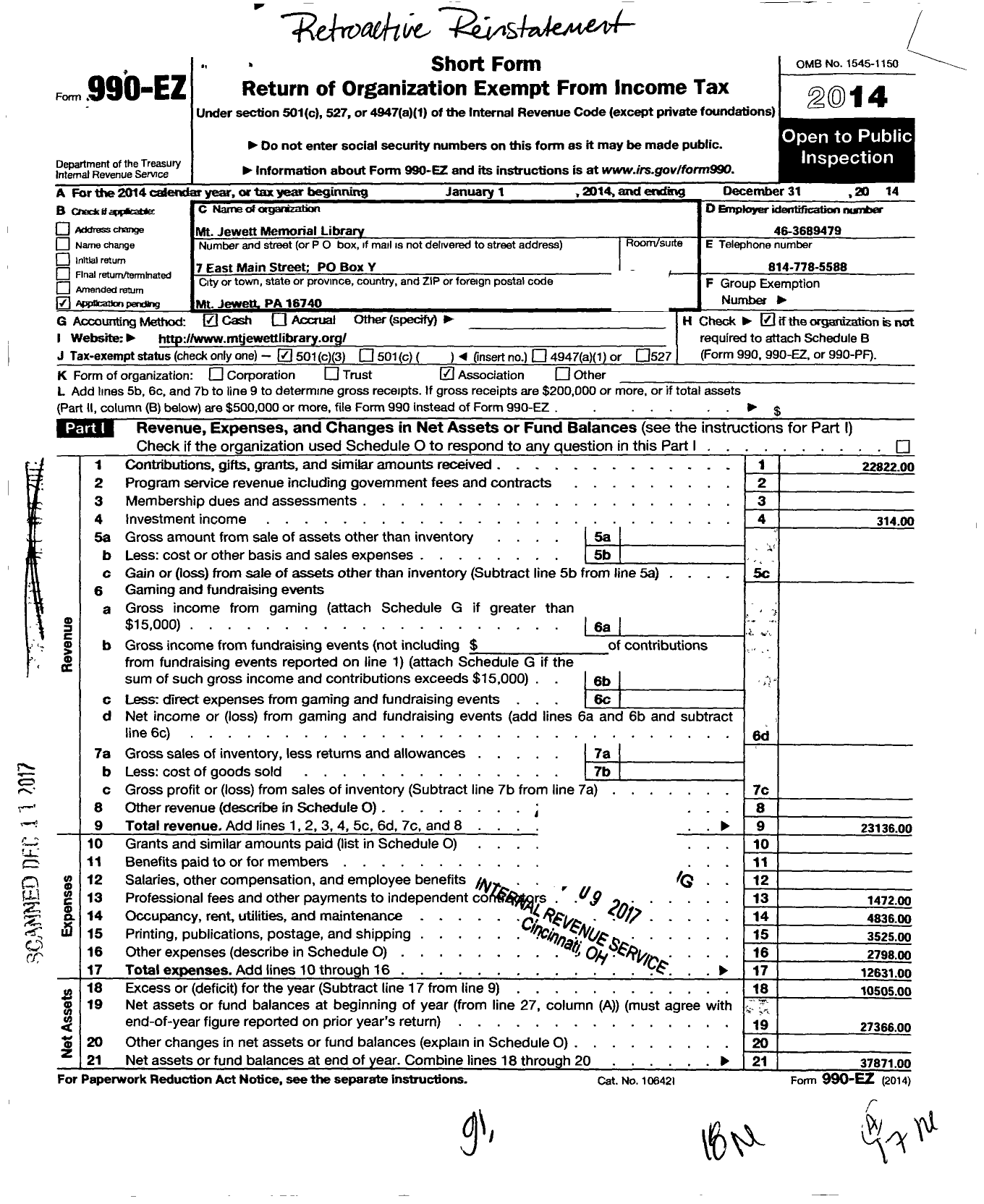 Image of first page of 2014 Form 990EZ for Mount Jewett Memorial Library