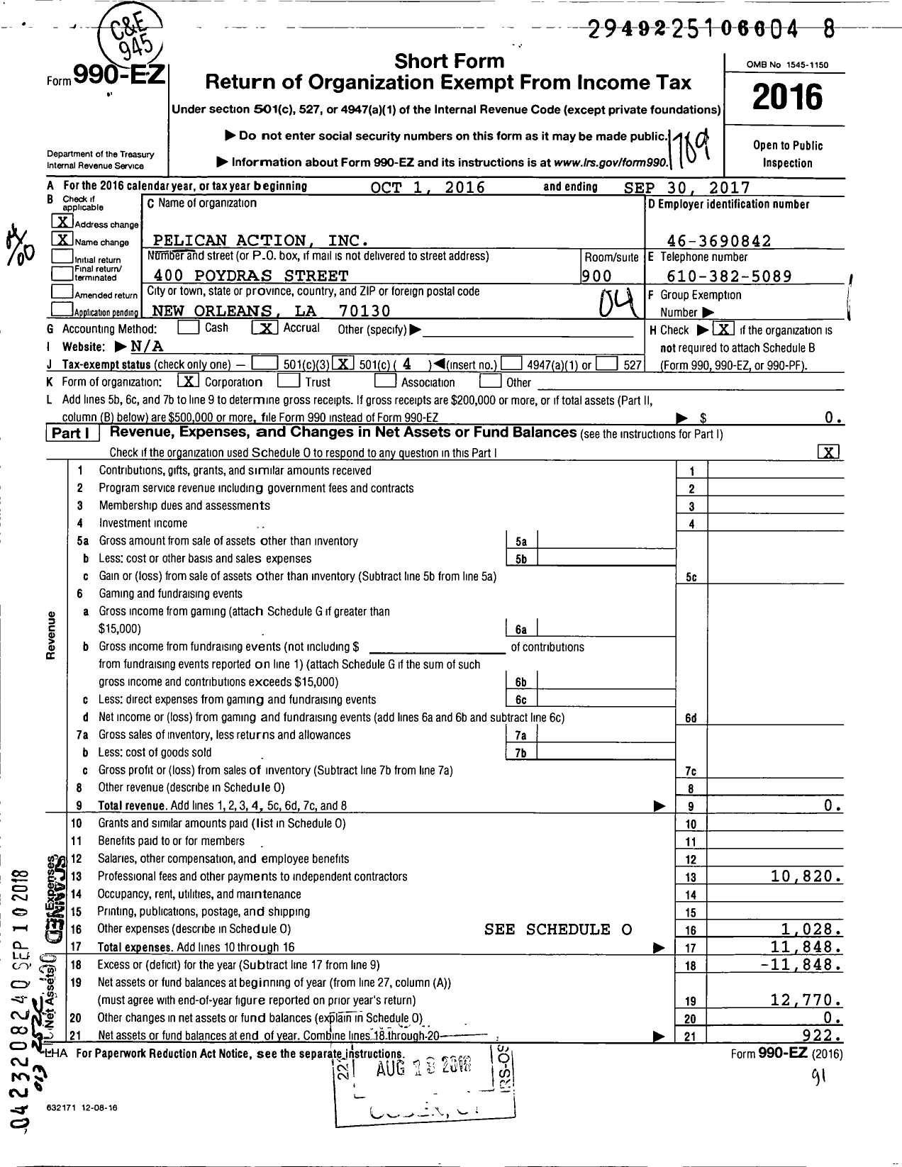 Image of first page of 2016 Form 990EO for Pelican Action