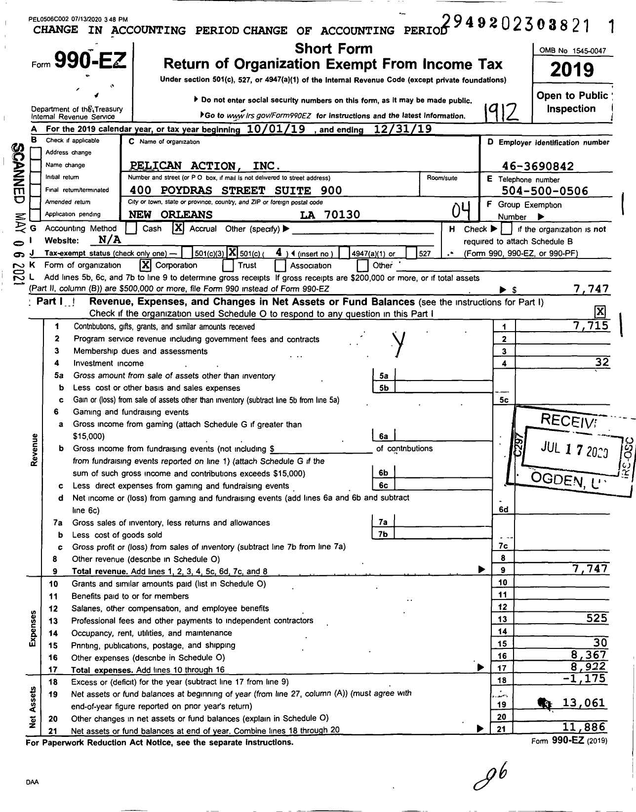 Image of first page of 2019 Form 990EO for Pelican Action