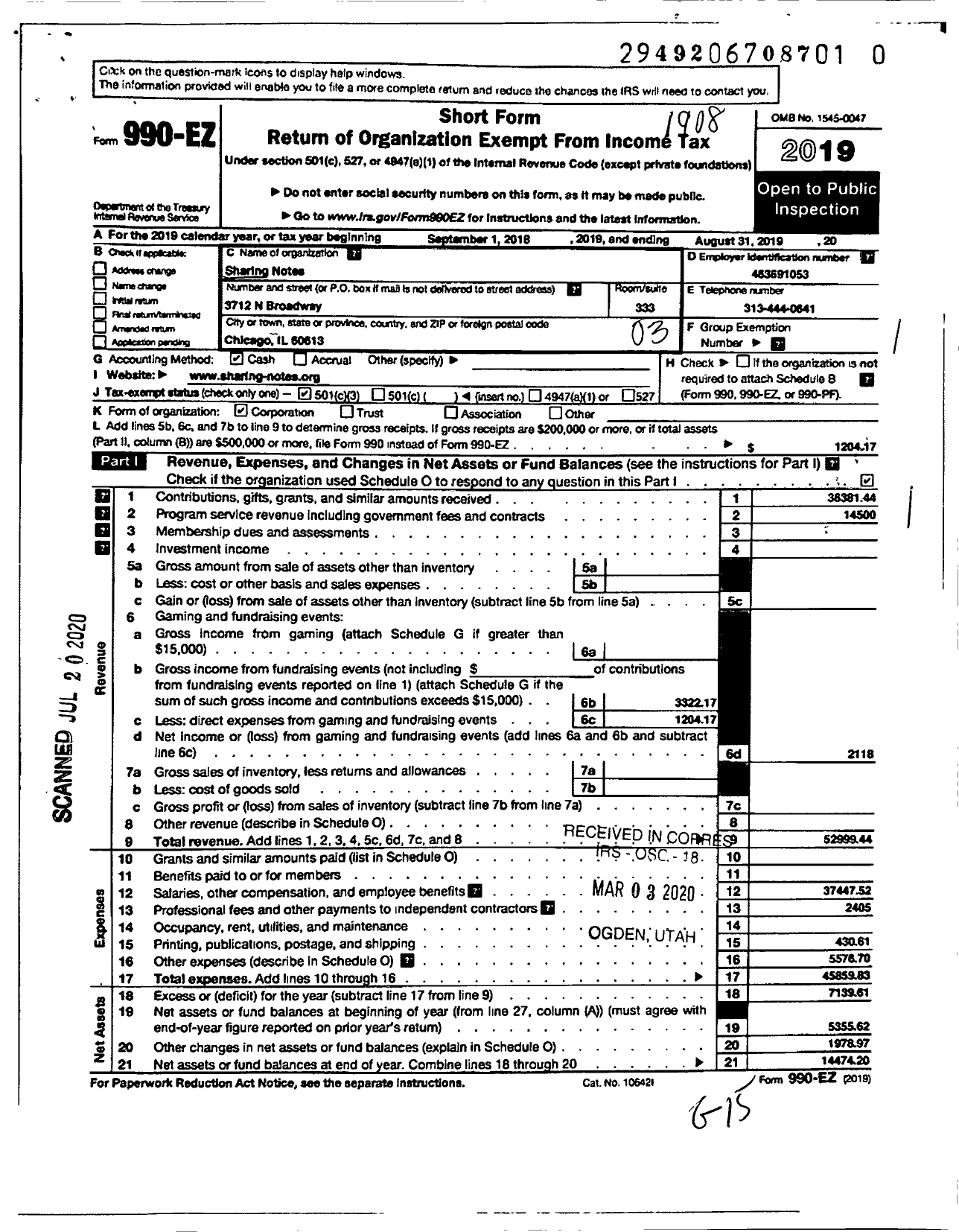 Image of first page of 2018 Form 990EZ for Sharing Notes