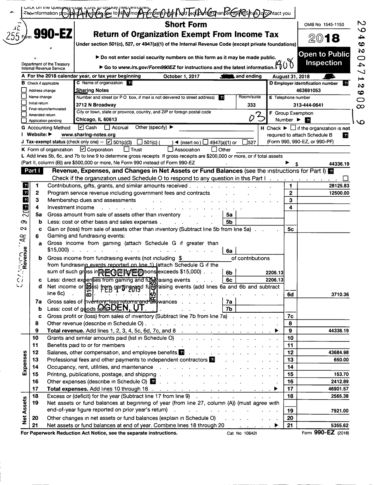 Image of first page of 2017 Form 990EZ for Sharing Notes