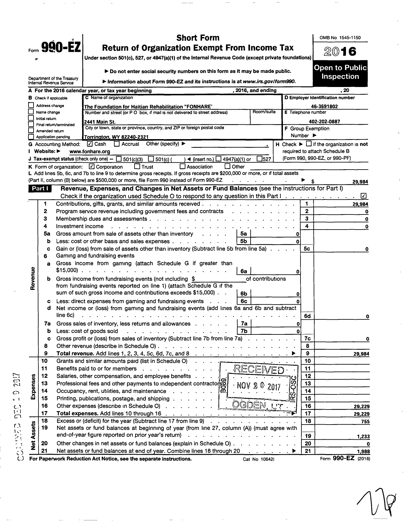 Image of first page of 2016 Form 990EO for Foundation for Haitian Rehabilitation