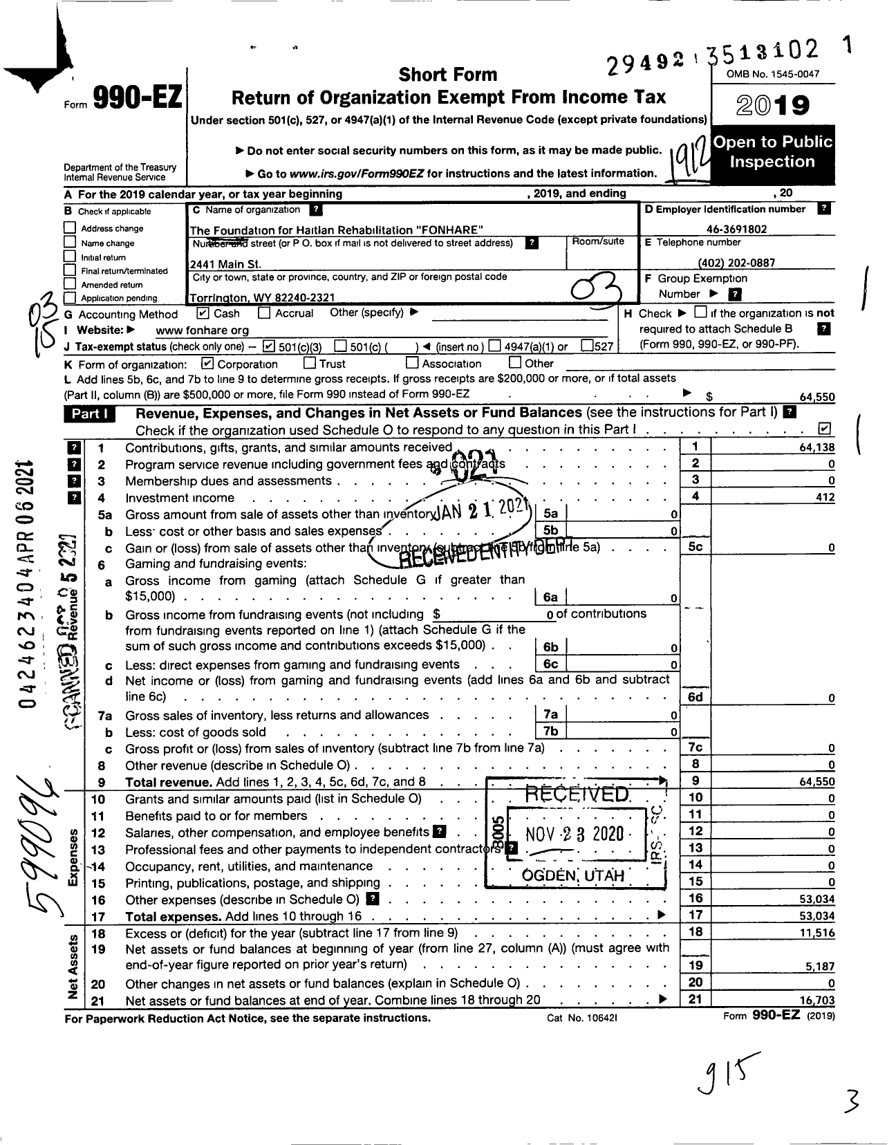 Image of first page of 2019 Form 990EZ for Foundation for Haitian Rehabilitation