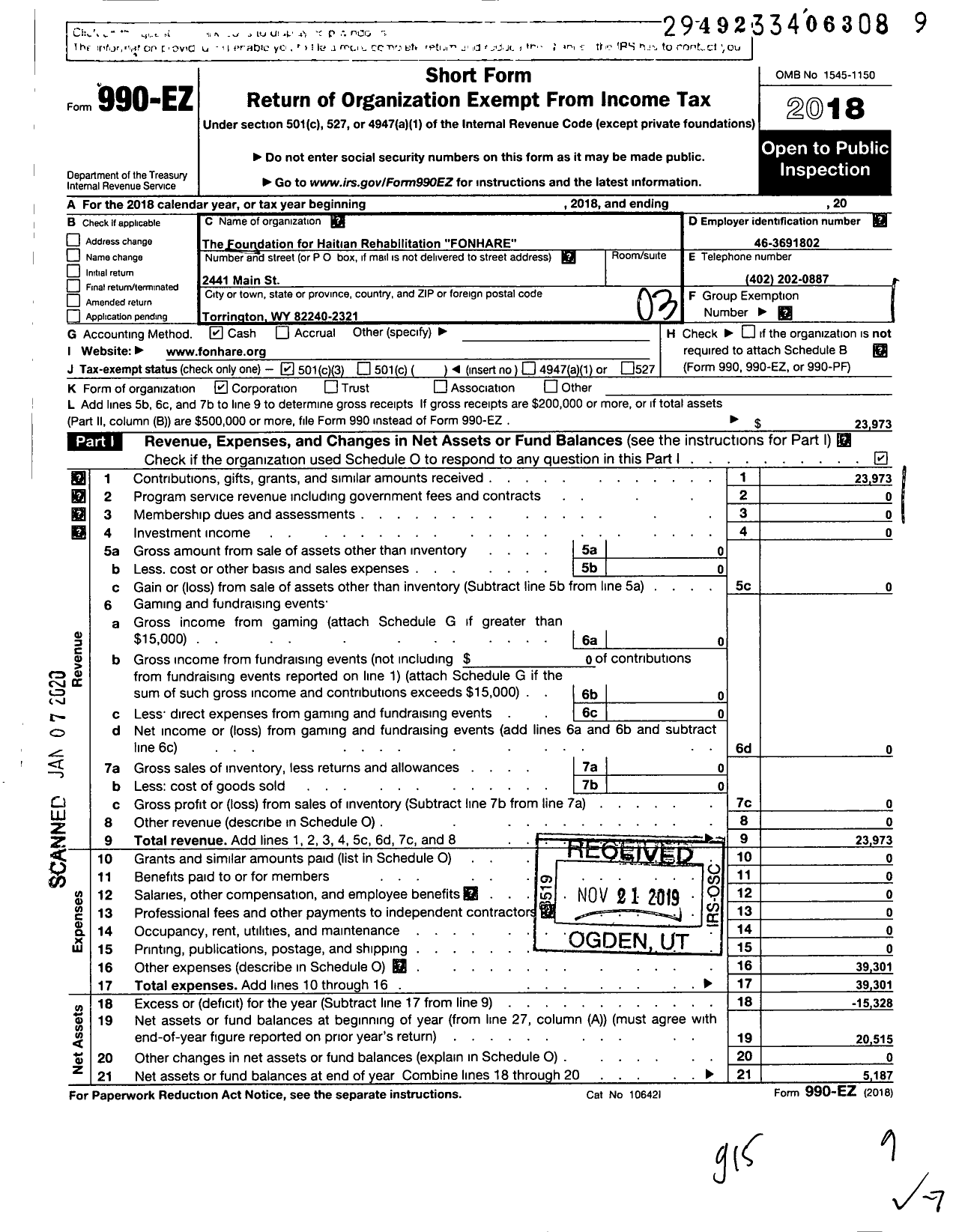 Image of first page of 2018 Form 990EZ for Foundation for Haitian Rehabilitation