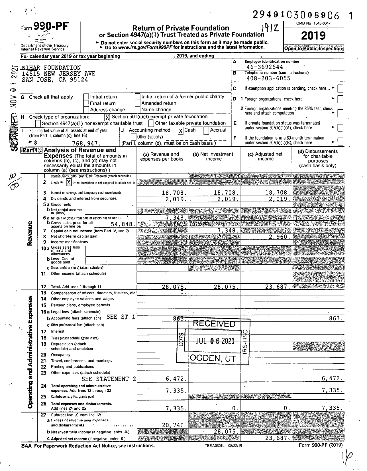 Image of first page of 2019 Form 990PF for Nihar Foundation